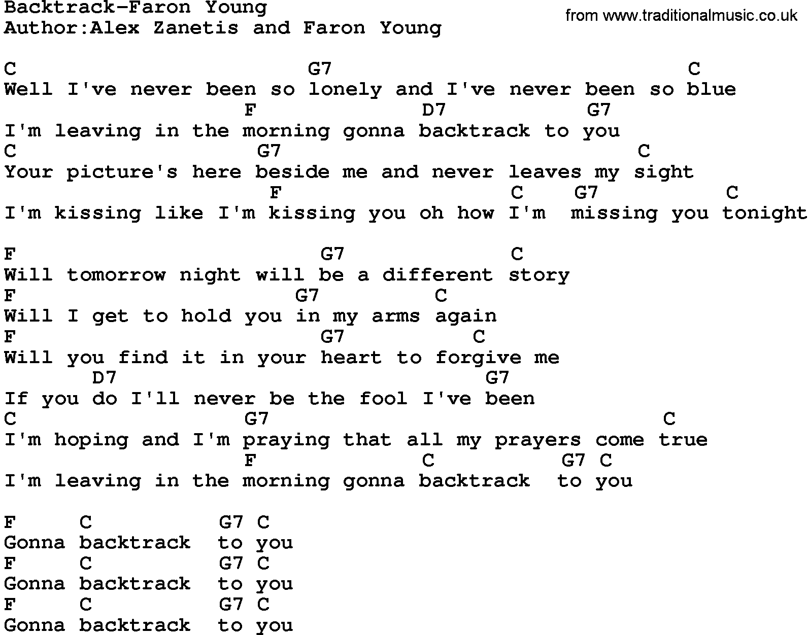 Country music song: Backtrack-Faron Young lyrics and chords