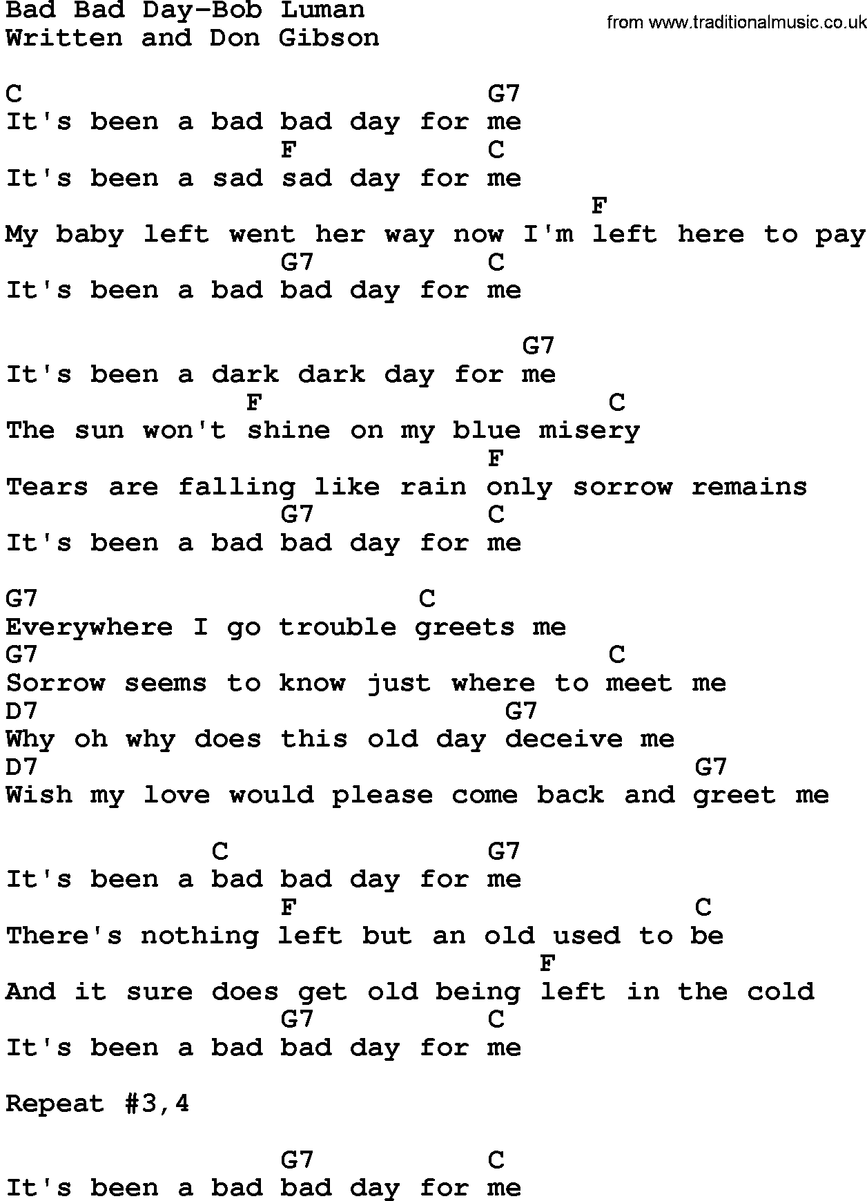 Country music song: Bad Bad Day-Bob Luman lyrics and chords