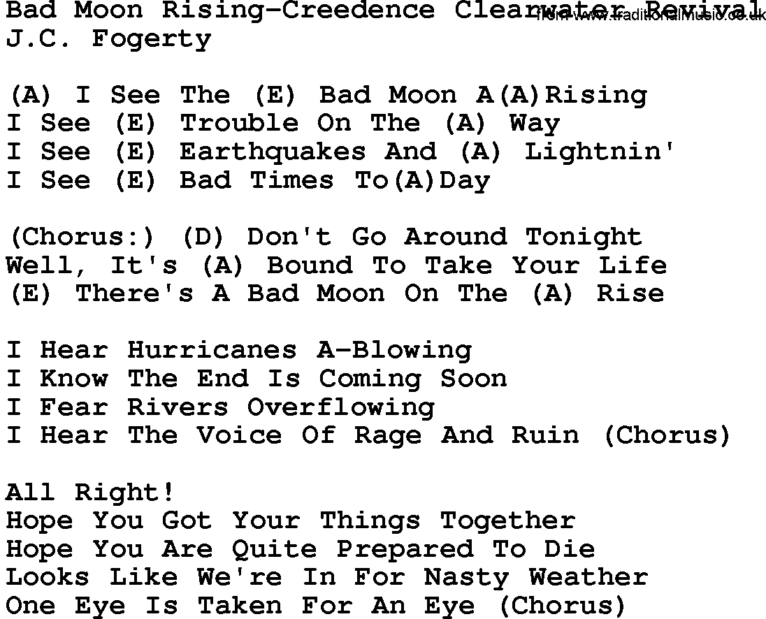 Country music song: Bad Moon Rising-Creedence Clearwater Revival lyrics and chords