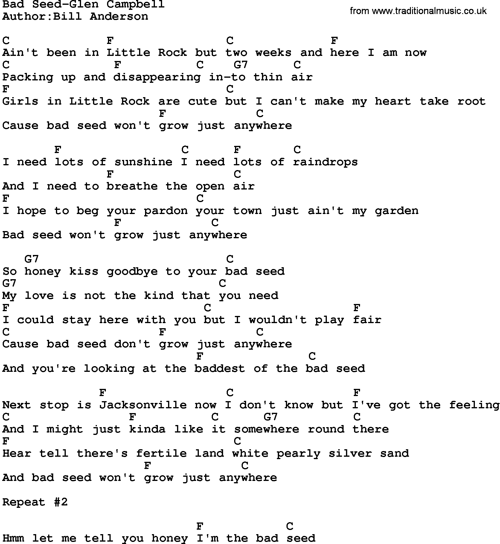 Country music song: Bad Seed-Glen Campbell lyrics and chords