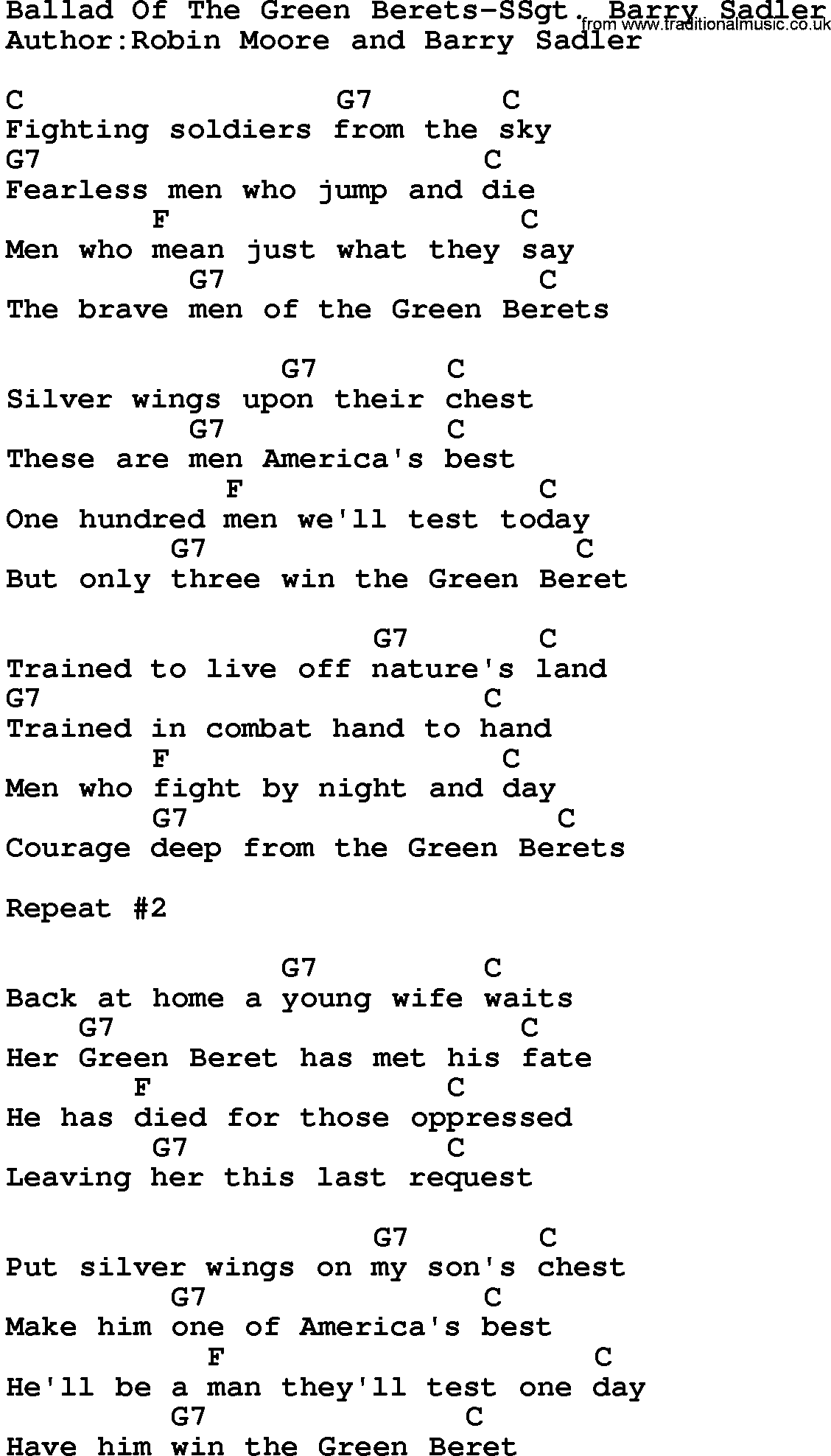 Country music song: Ballad Of The Green Berets-Ssgt Barry Sadler lyrics and chords