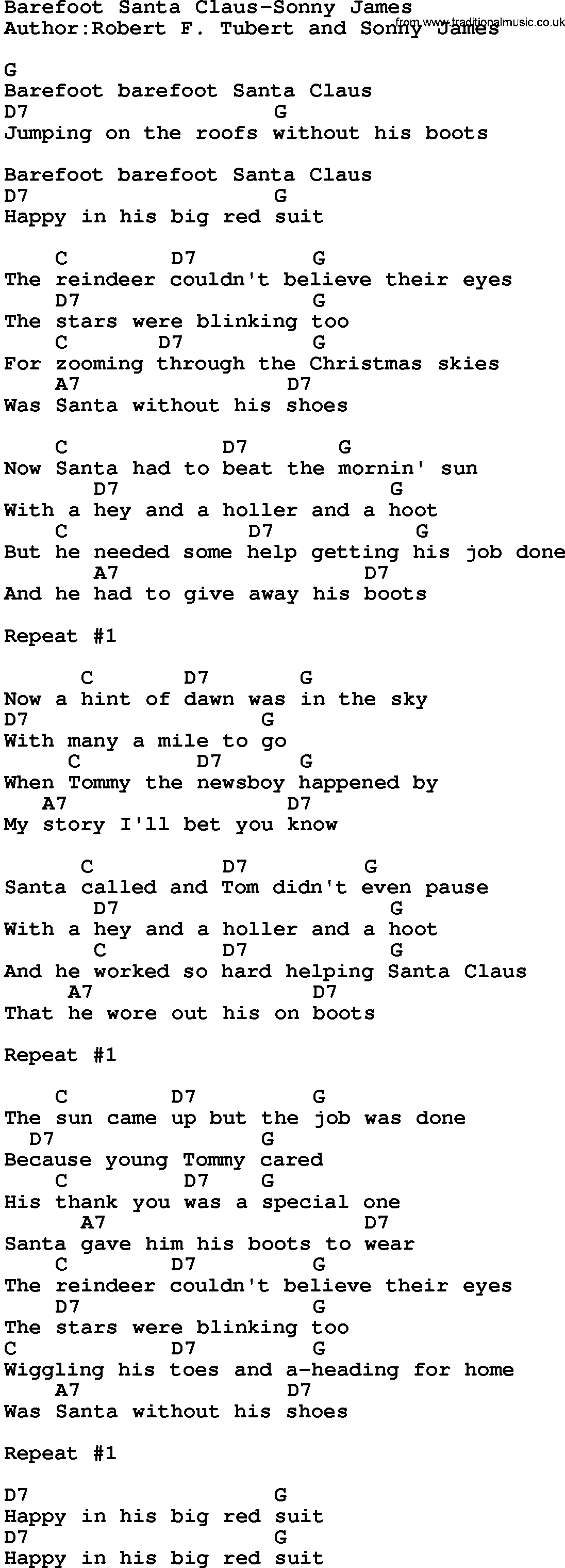 Country music song: Barefoot Santa Claus-Sonny James lyrics and chords