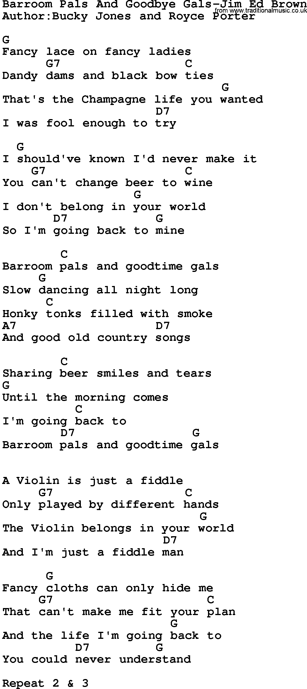 Country music song: Barroom Pals And Goodbye Gals-Jim Ed Brown lyrics and chords
