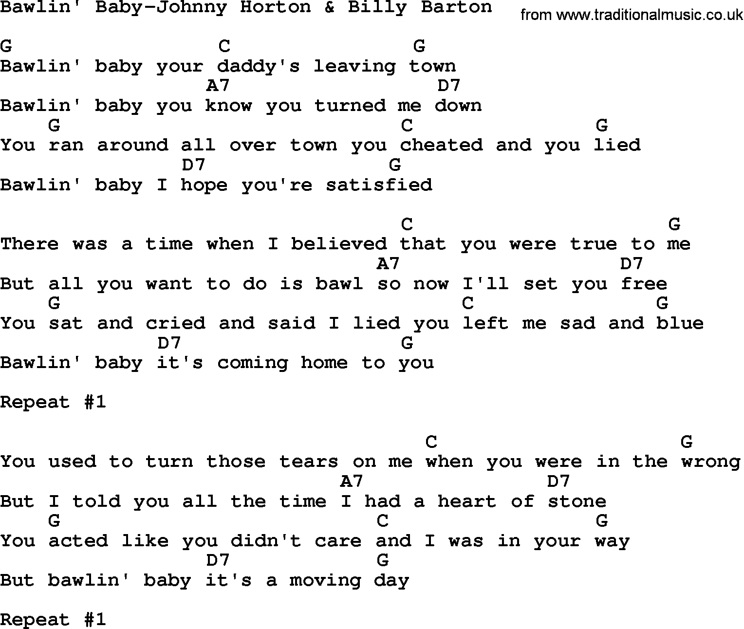 Country music song: Bawlin' Baby-Johnny Horton & Billy Barton lyrics and chords