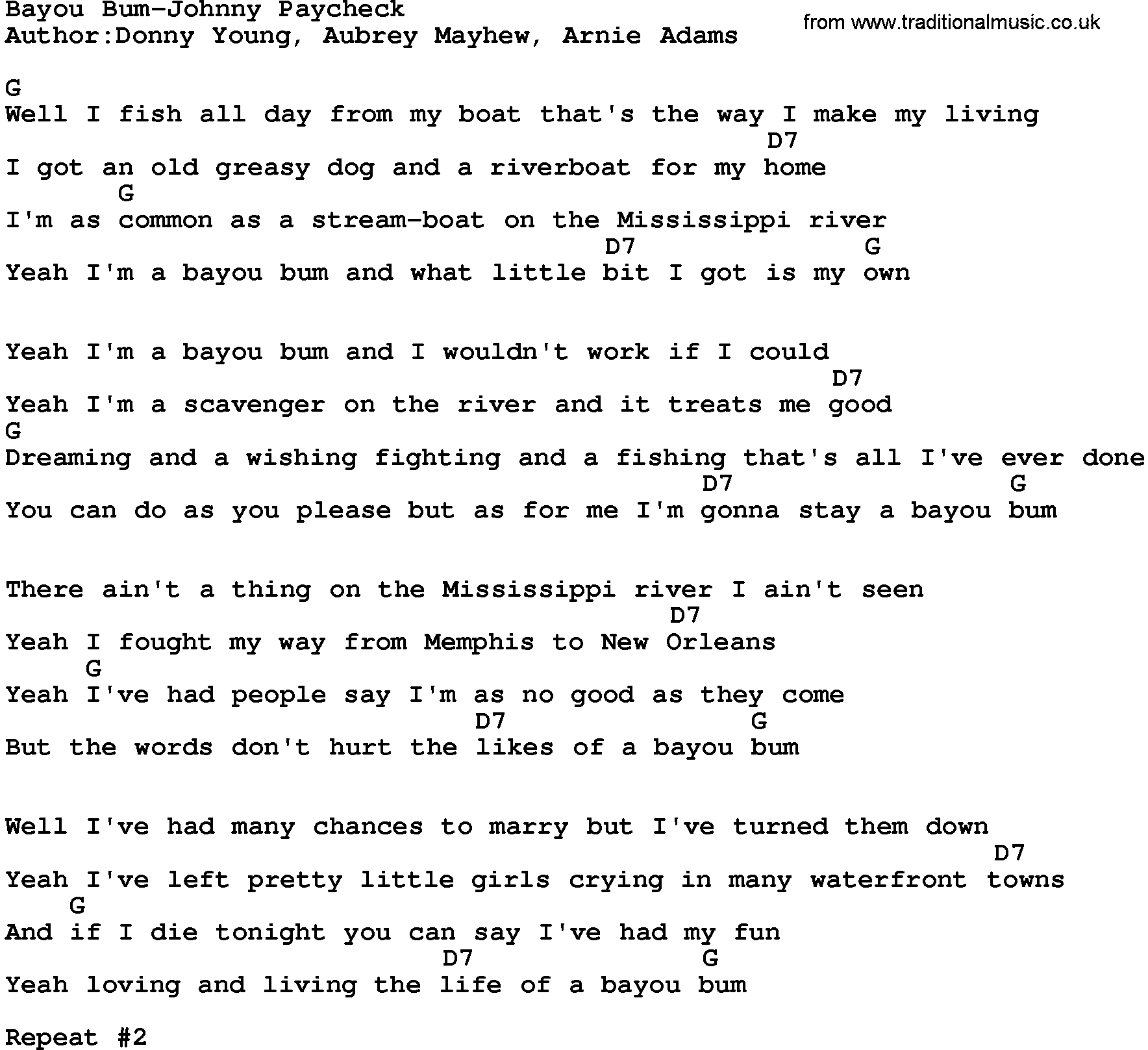 Country music song: Bayou Bum-Johnny Paycheck lyrics and chords