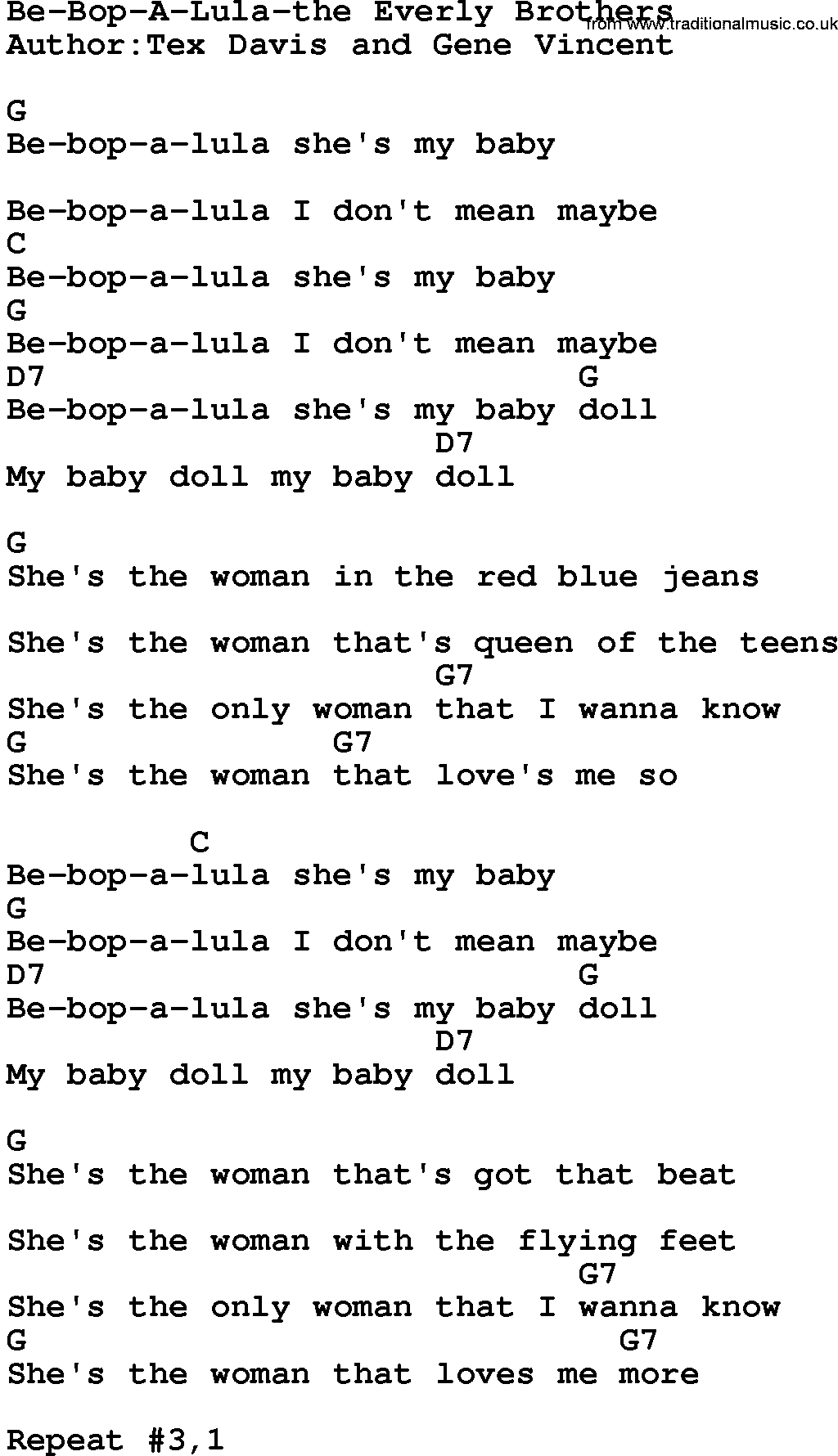 Country music song: Be-Bop-A-Lula-The Everly Brothers lyrics and chords