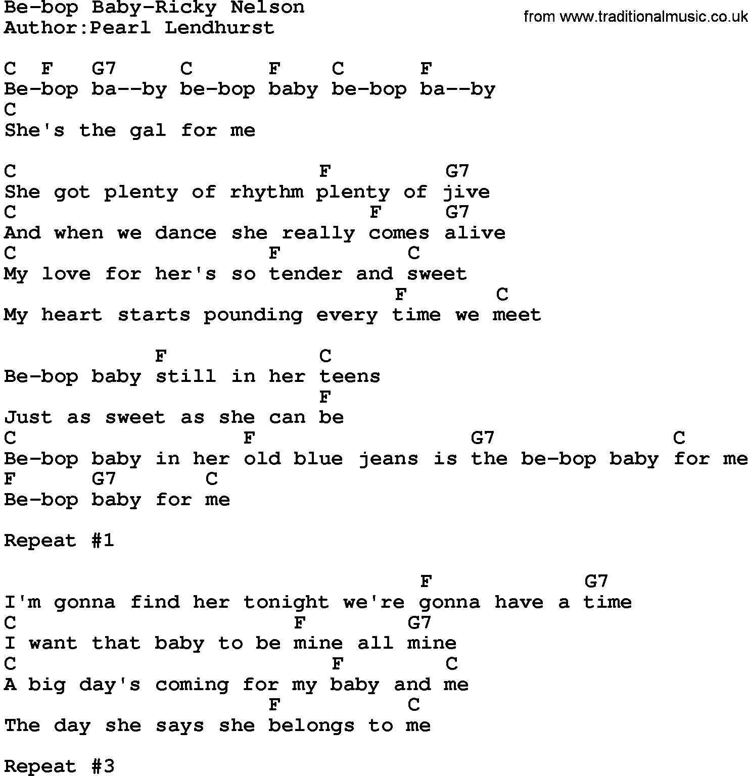 Country music song: Be-Bop Baby-Ricky Nelson lyrics and chords
