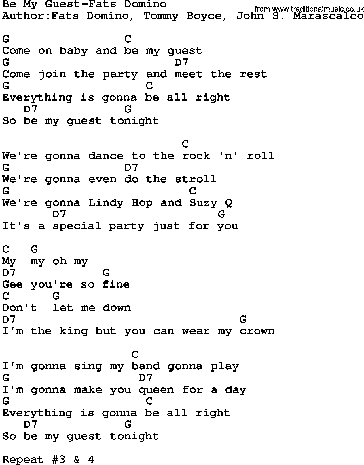 Country music song: Be My Guest-Fats Domino lyrics and chords