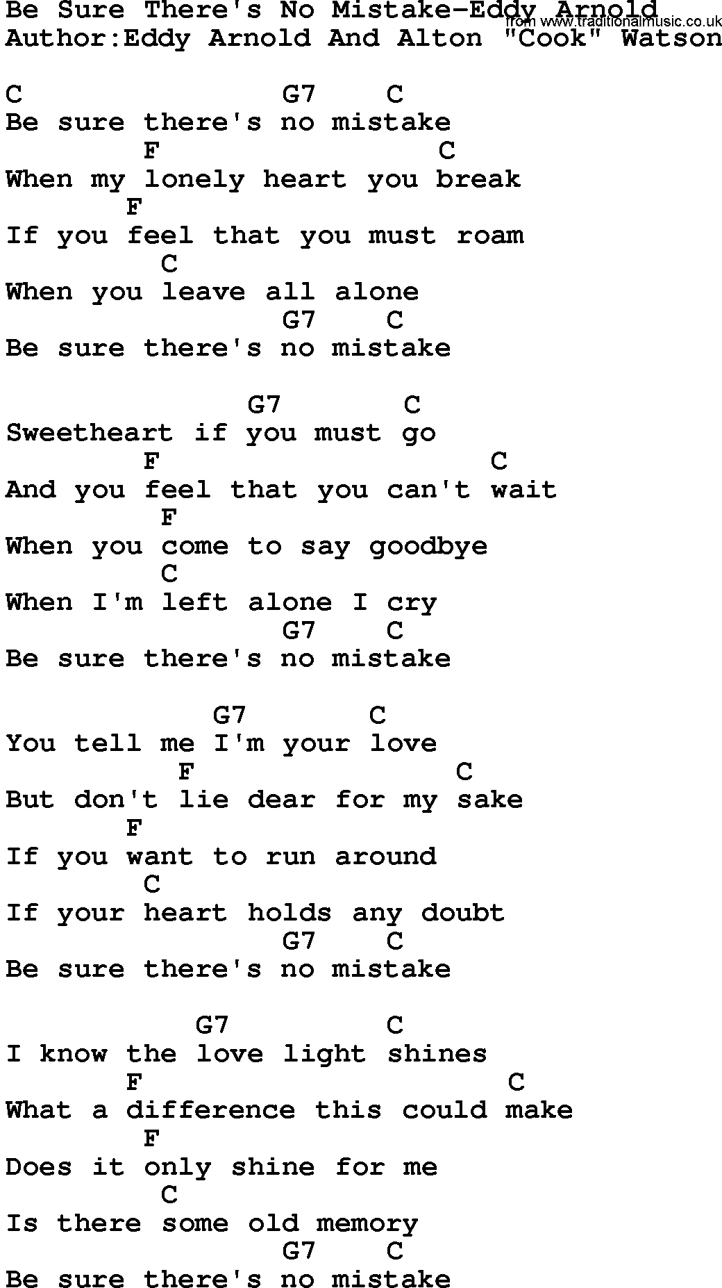 Country music song: Be Sure There's No Mistake-Eddy Arnold lyrics and chords
