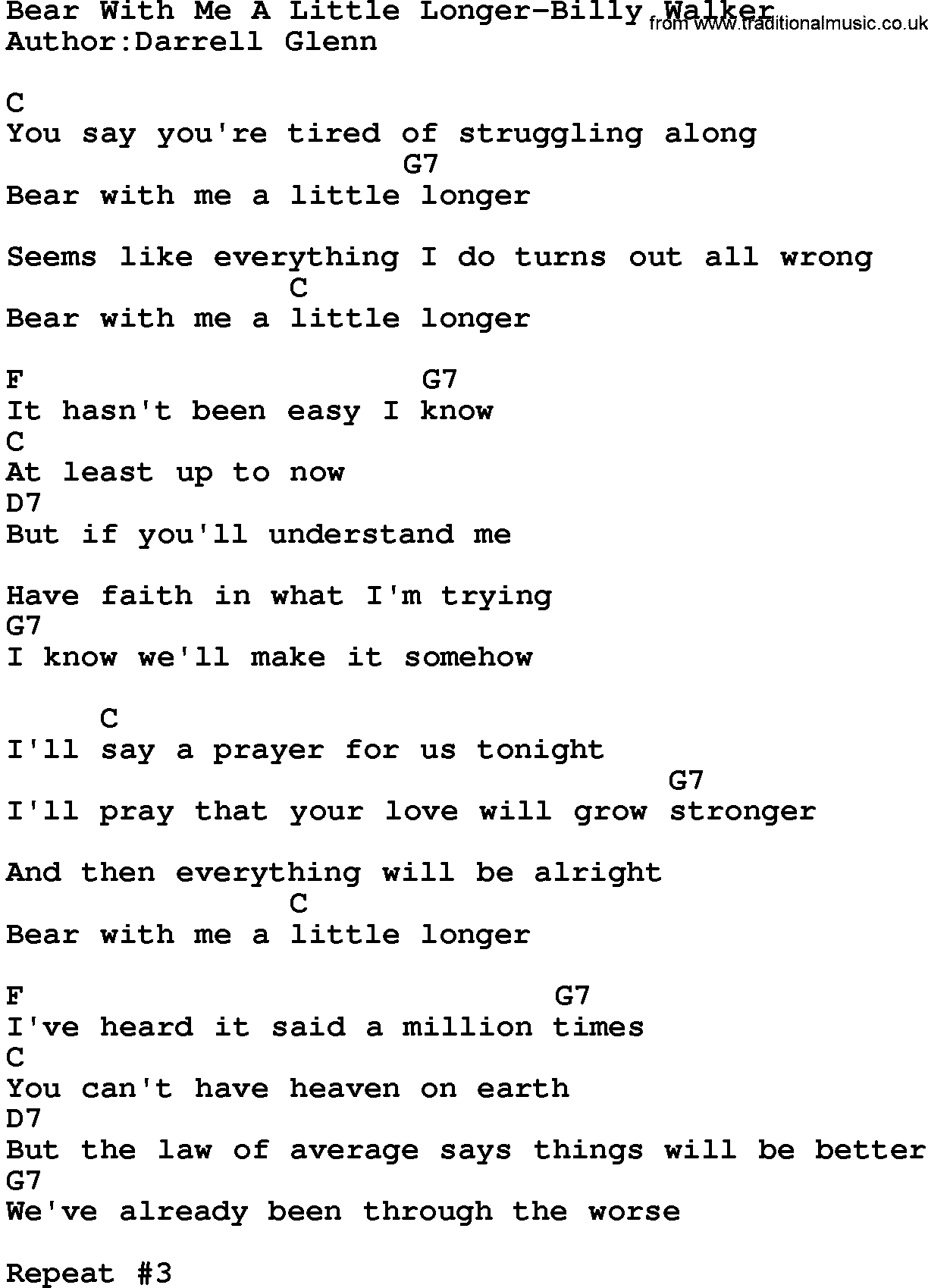 Country music song: Bear With Me A Little Longer-Billy Walker lyrics and chords