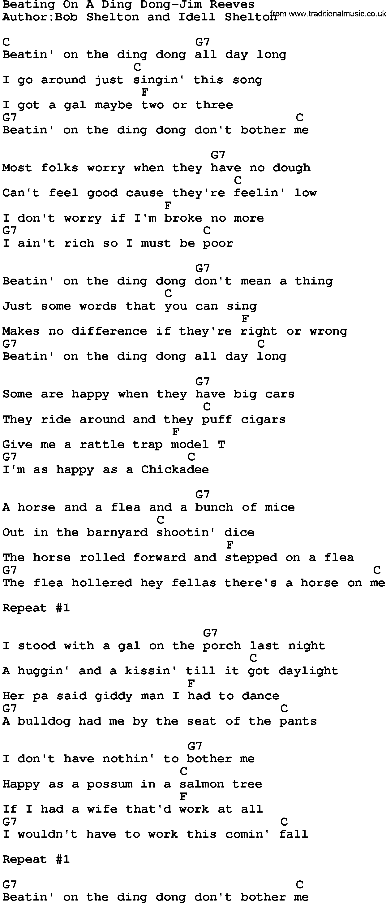Country music song: Beating On A Ding Dong-Jim Reeves lyrics and chords