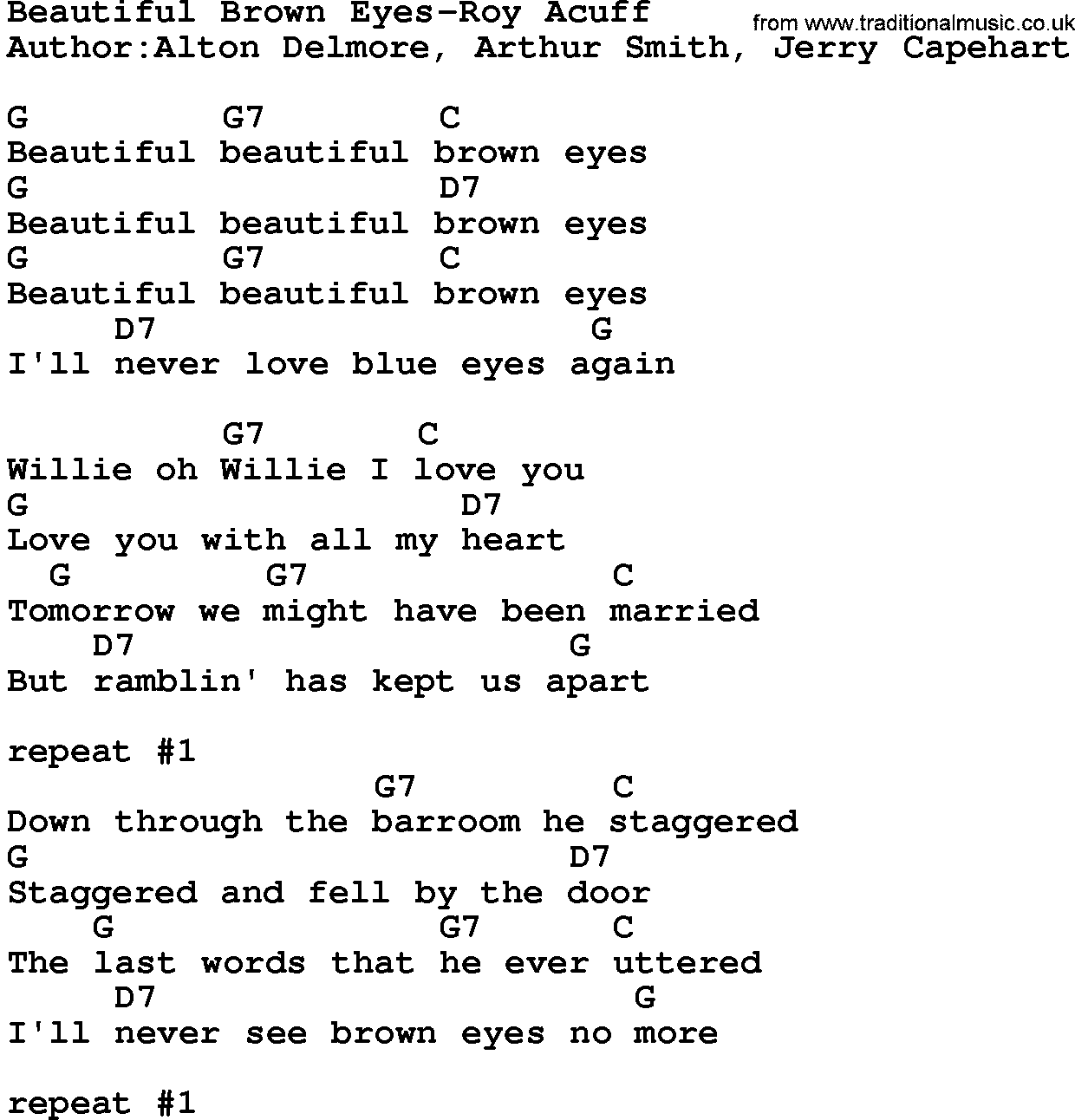 Country music song: Beautiful Brown Eyes-Roy Acuff  lyrics and chords