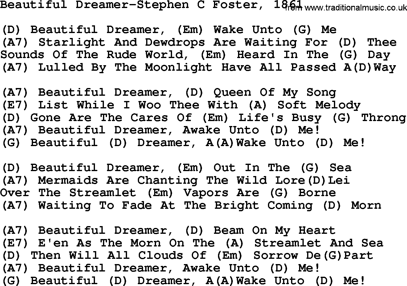 Country music song: Beautiful Dreamer-Stephen C Foster, 1861 lyrics and chords