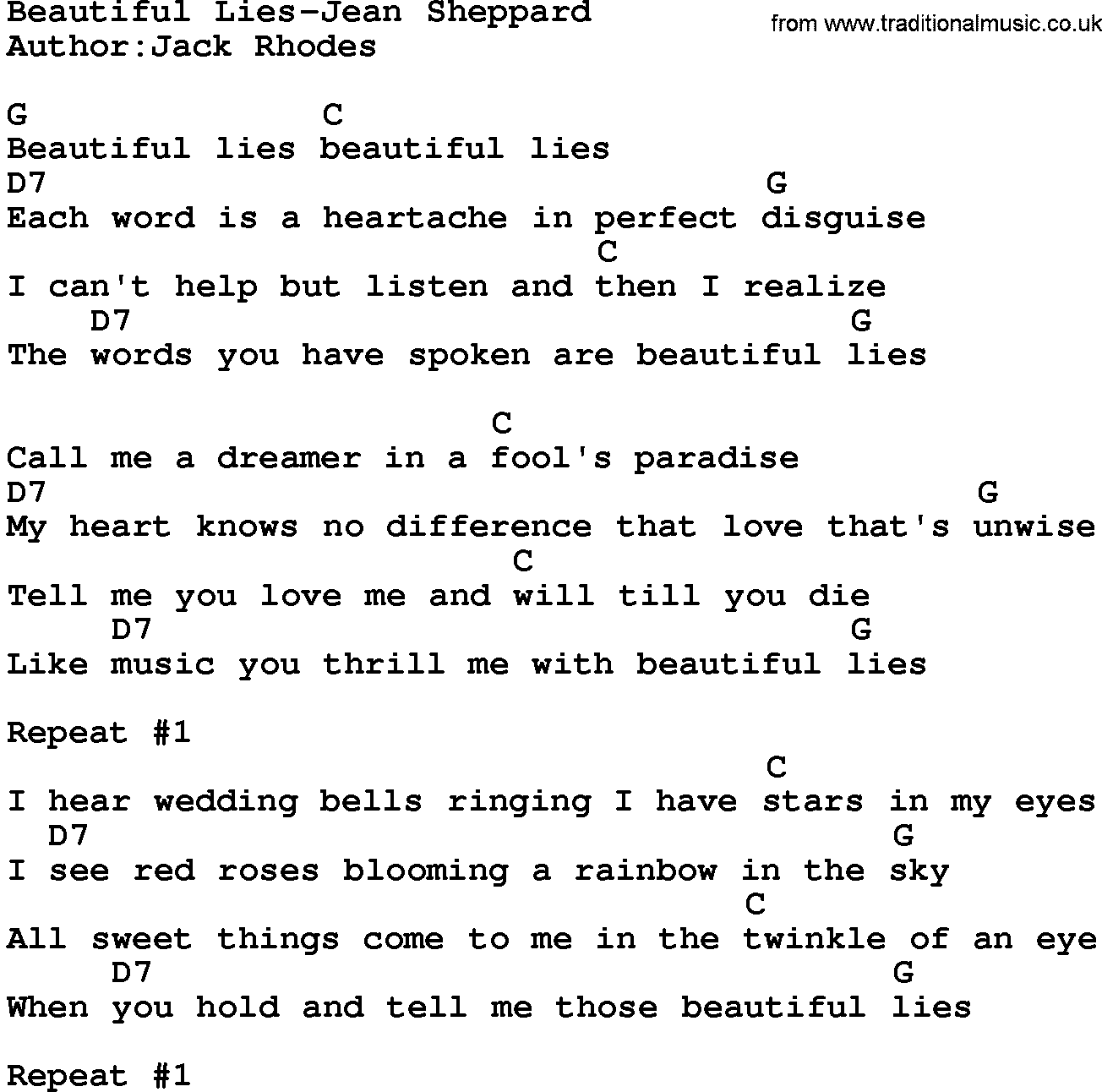 Country music song: Beautiful Lies-Jean Sheppard lyrics and chords