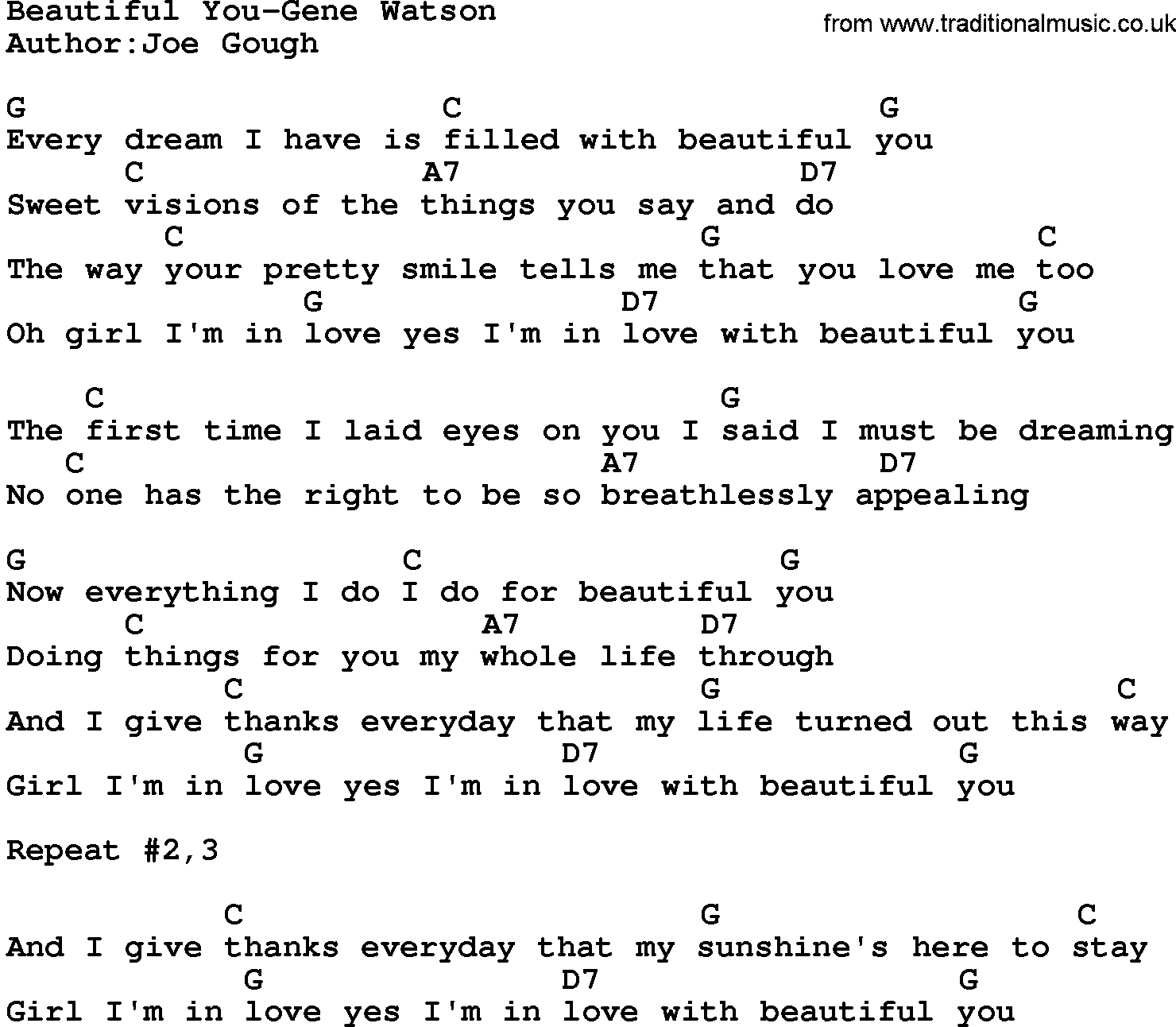 Country music song: Beautiful You-Gene Watson lyrics and chords