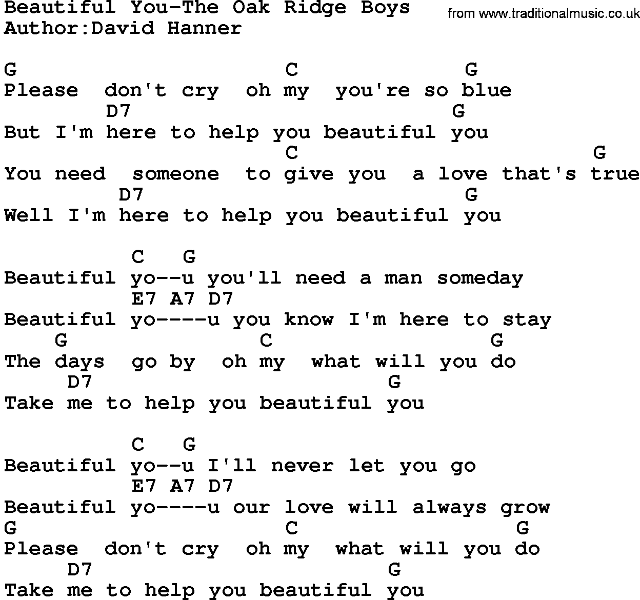 Country music song: Beautiful You-The Oak Ridge Boys lyrics and chords