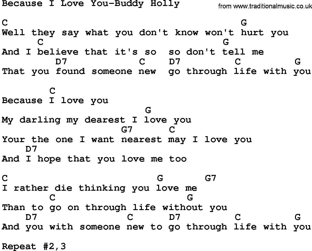 Country music song: Because I Love You-Buddy Holly lyrics and chords