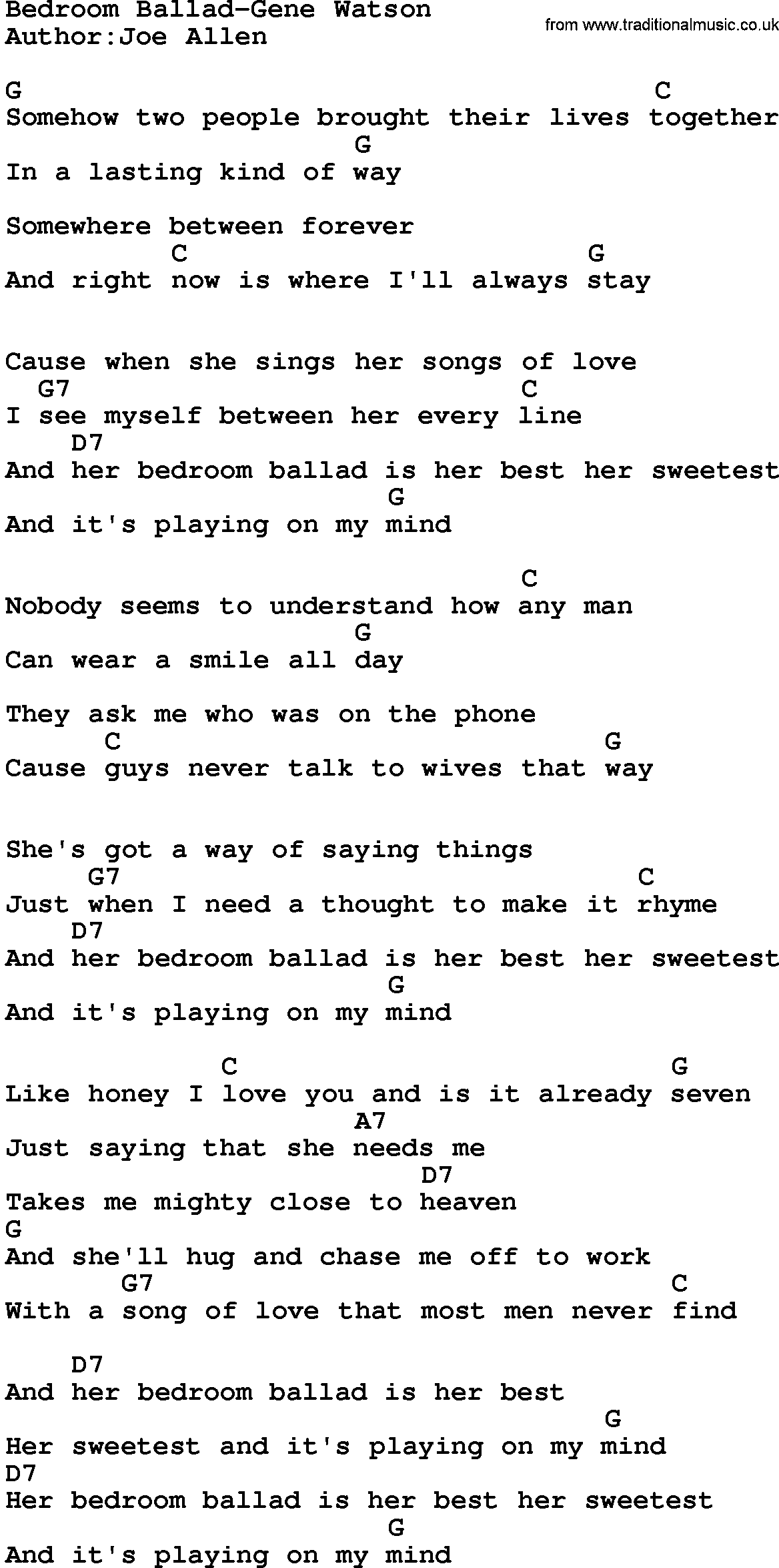 Country music song: Bedroom Ballad-Gene Watson lyrics and chords