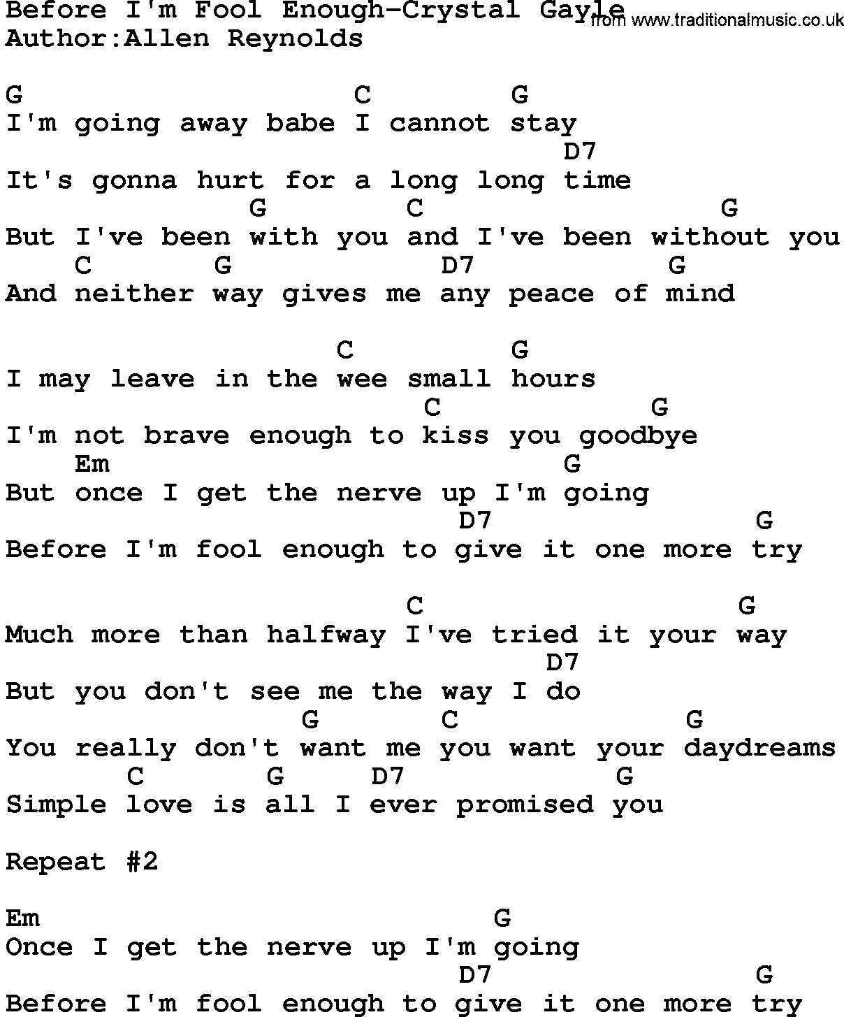 Country music song: Before I'm Fool Enough-Crystal Gayle lyrics and chords