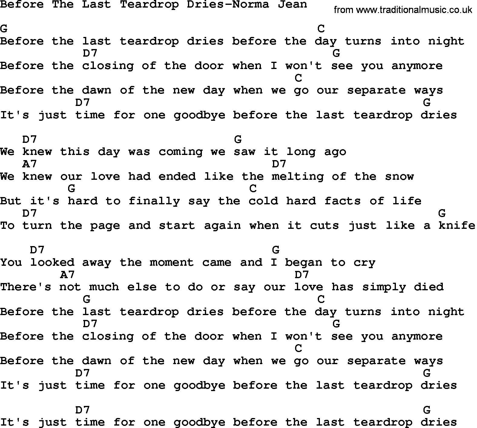 Country music song: Before The Last Teardrop Dries-Norma Jean lyrics and chords