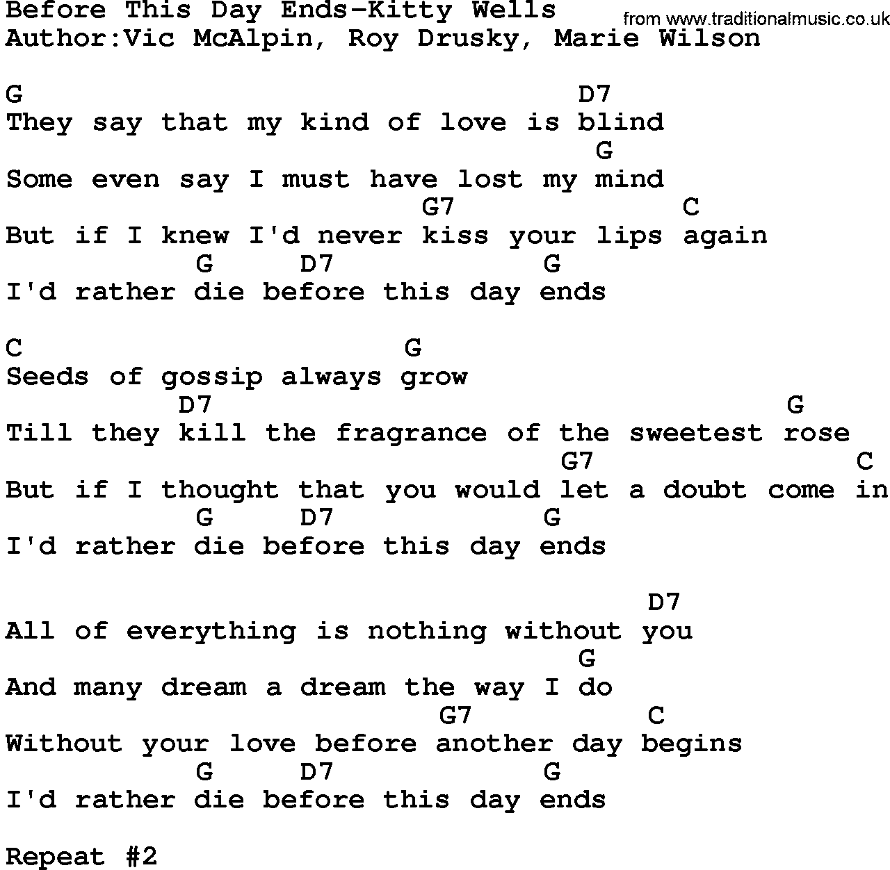 Country music song: Before This Day Ends-Kitty Wells lyrics and chords
