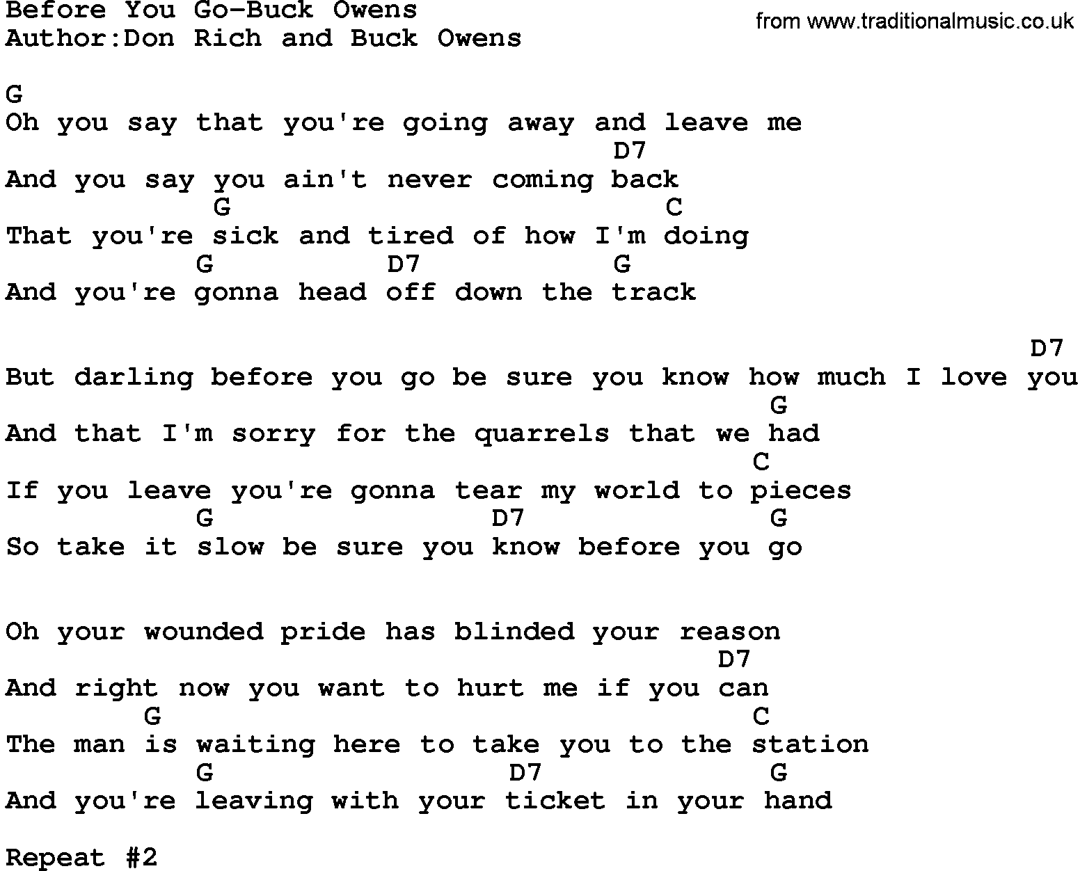 Country music song: Before You Go-Buck Owens lyrics and chords