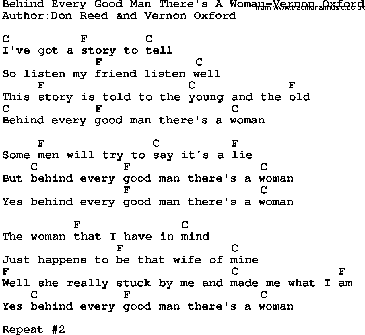 Country music song: Behind Every Good Man There's A Woman-Vernon Oxford lyrics and chords