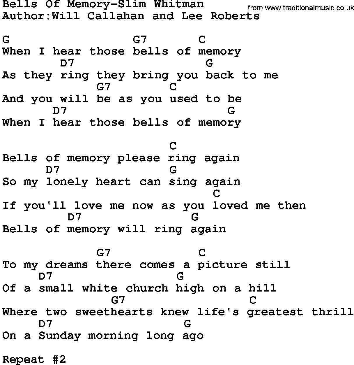 Country music song: Bells Of Memory-Slim Whitman lyrics and chords