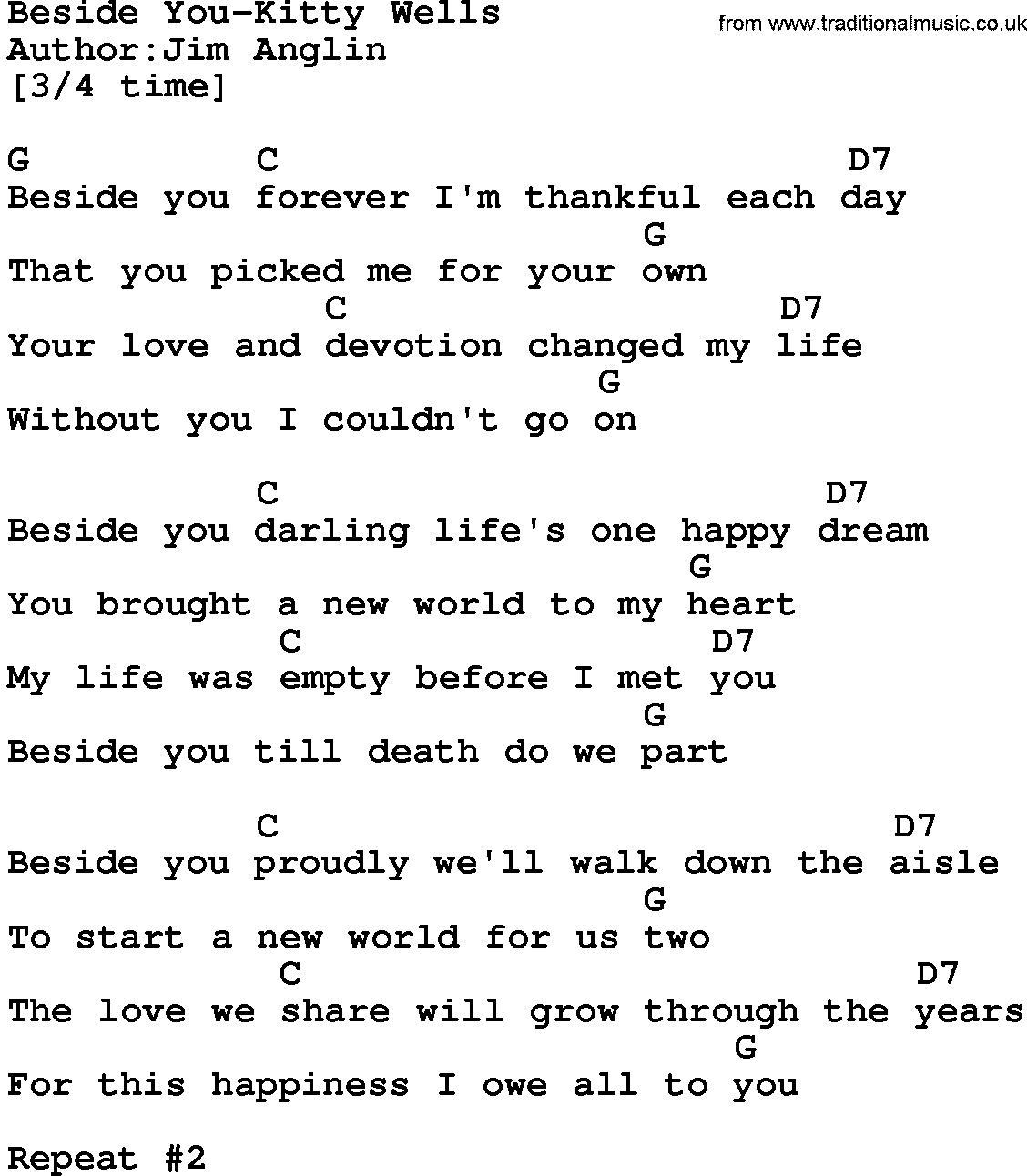 Country music song: Beside You-Kitty Wells lyrics and chords