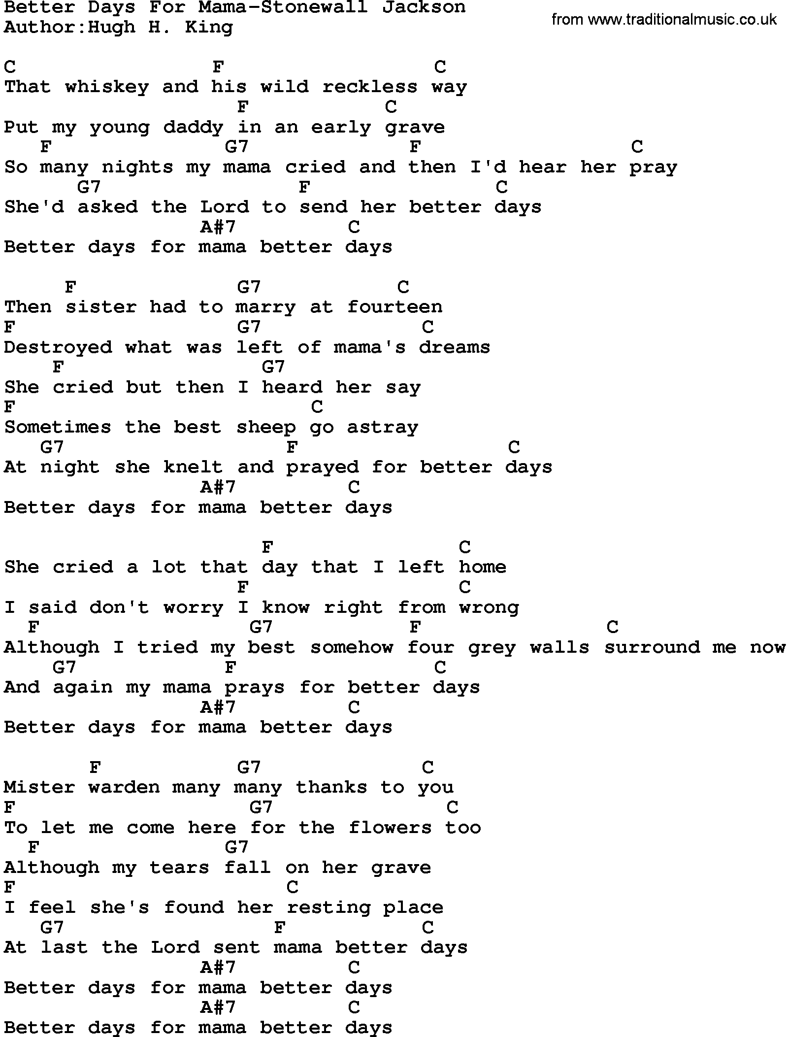 Country music song: Better Days For Mama-Stonewall Jackson lyrics and chords