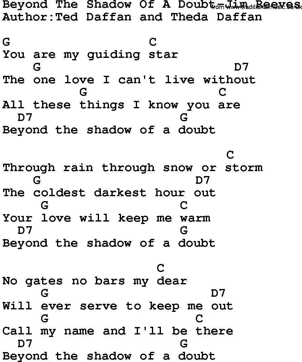 Country music song: Beyond The Shadow Of A Doubt-Jim Reeves lyrics and chords