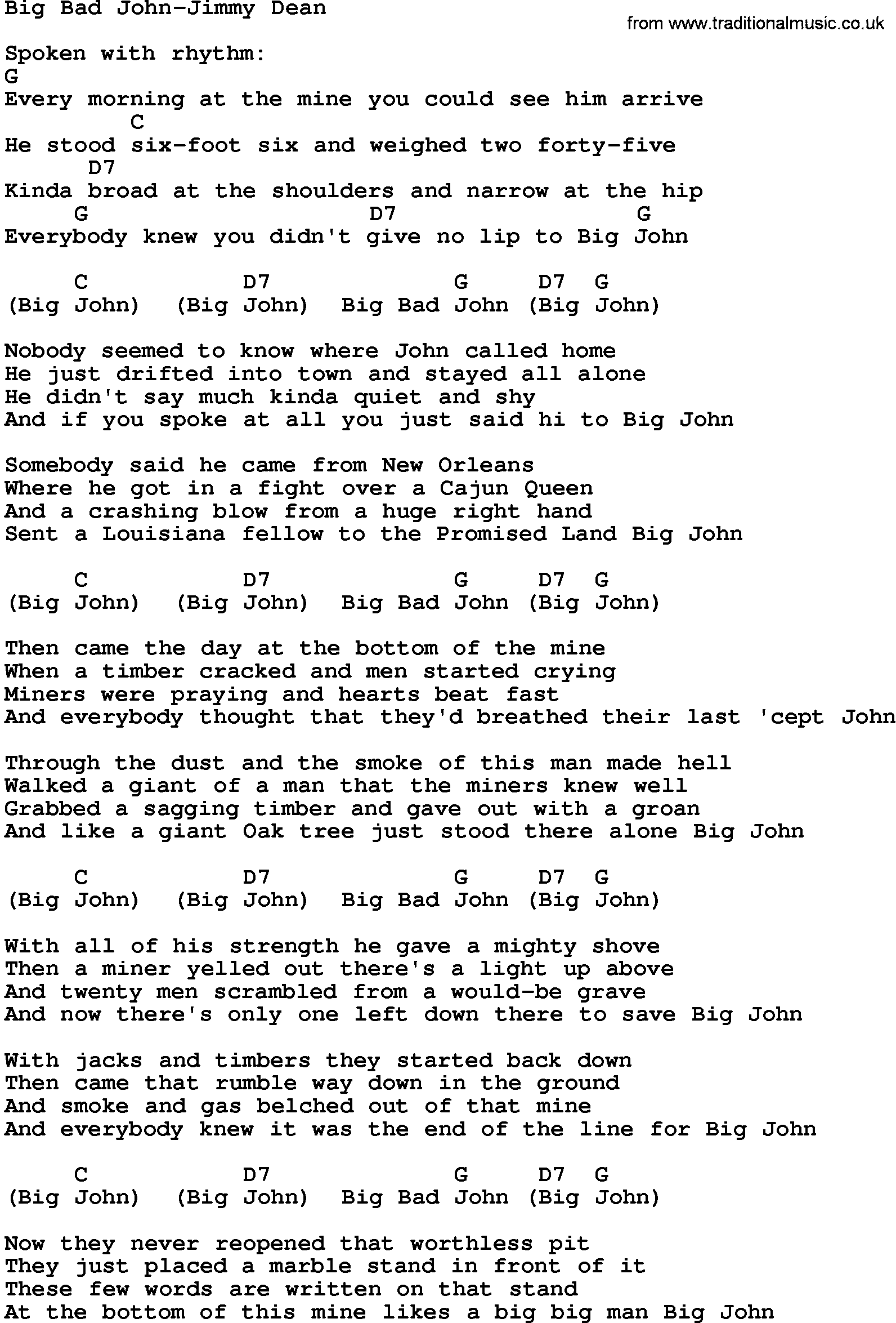 Country music song: Big Bad John-Jimmy Dean lyrics and chords