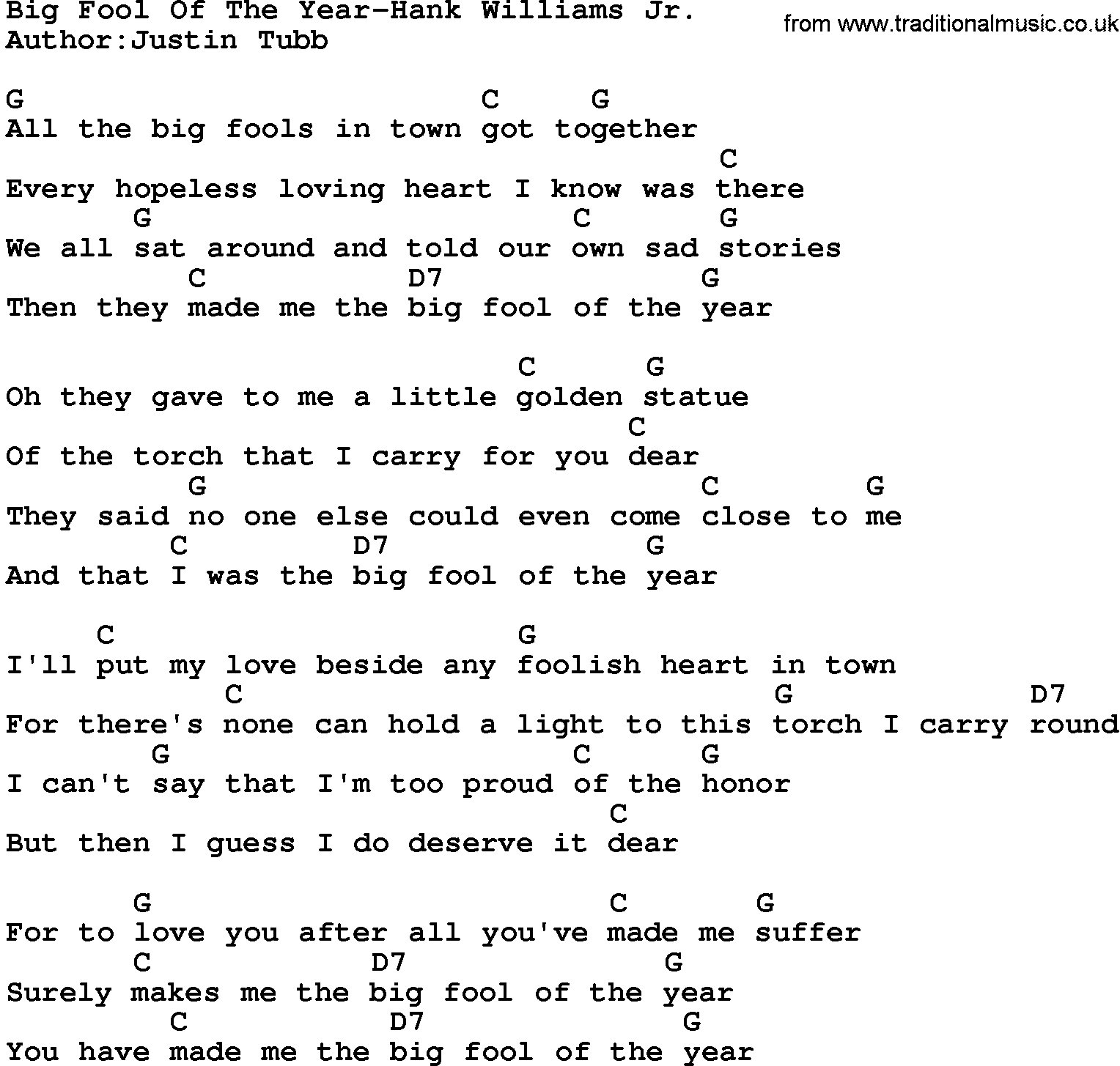 Country music song: Big Fool Of The Year-Hank Williams Jr lyrics and chords