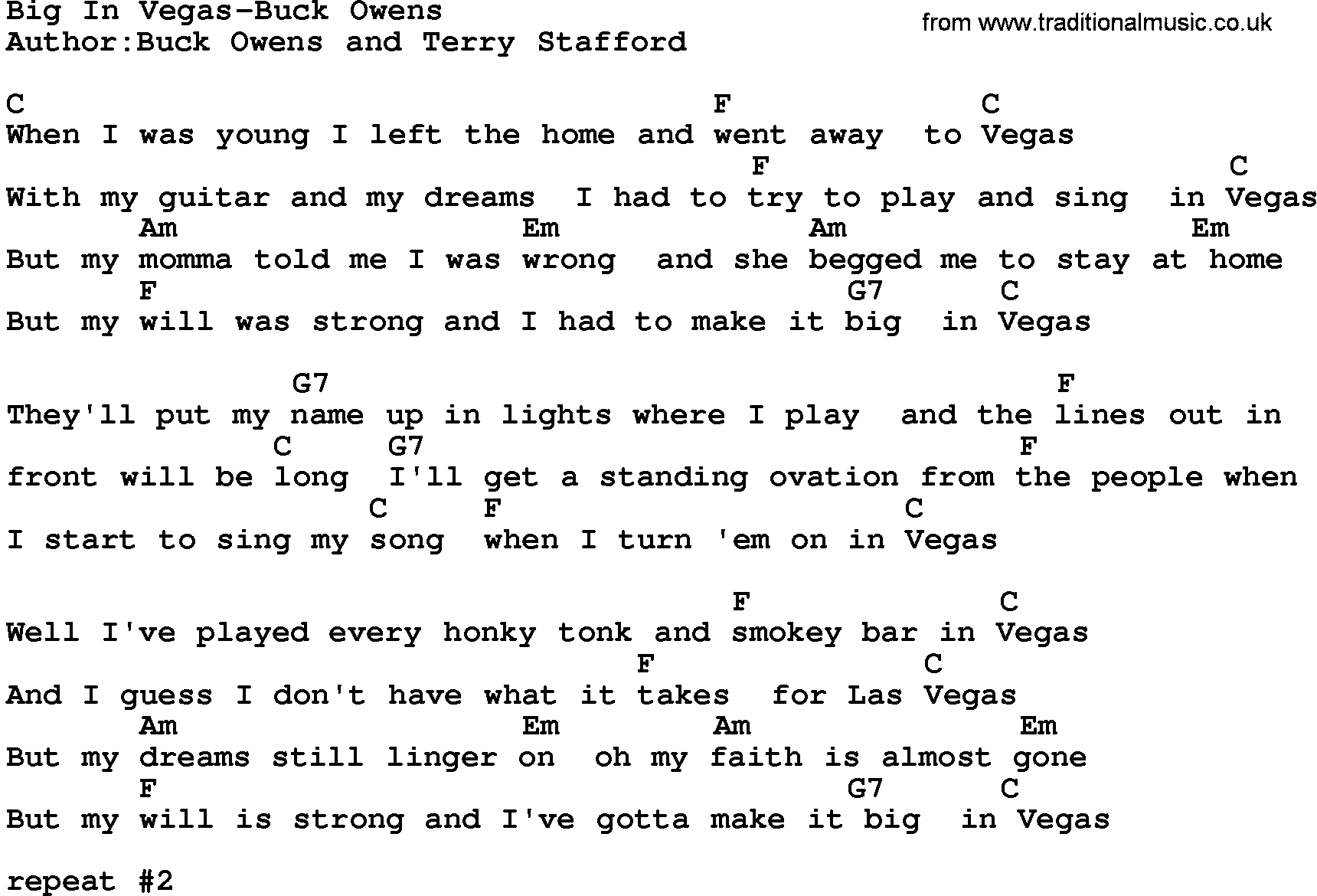 Country music song: Big In Vegas-Buck Owens lyrics and chords