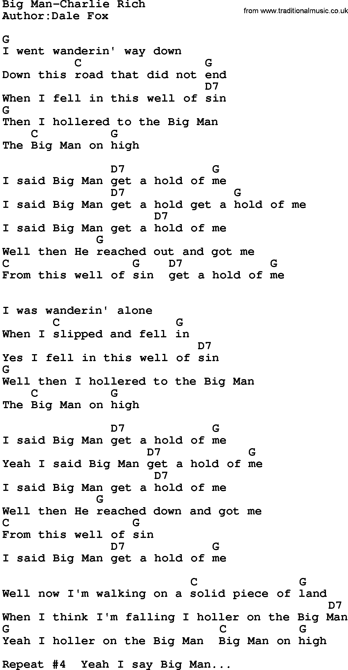 Country music song: Big Man-Charlie Rich lyrics and chords