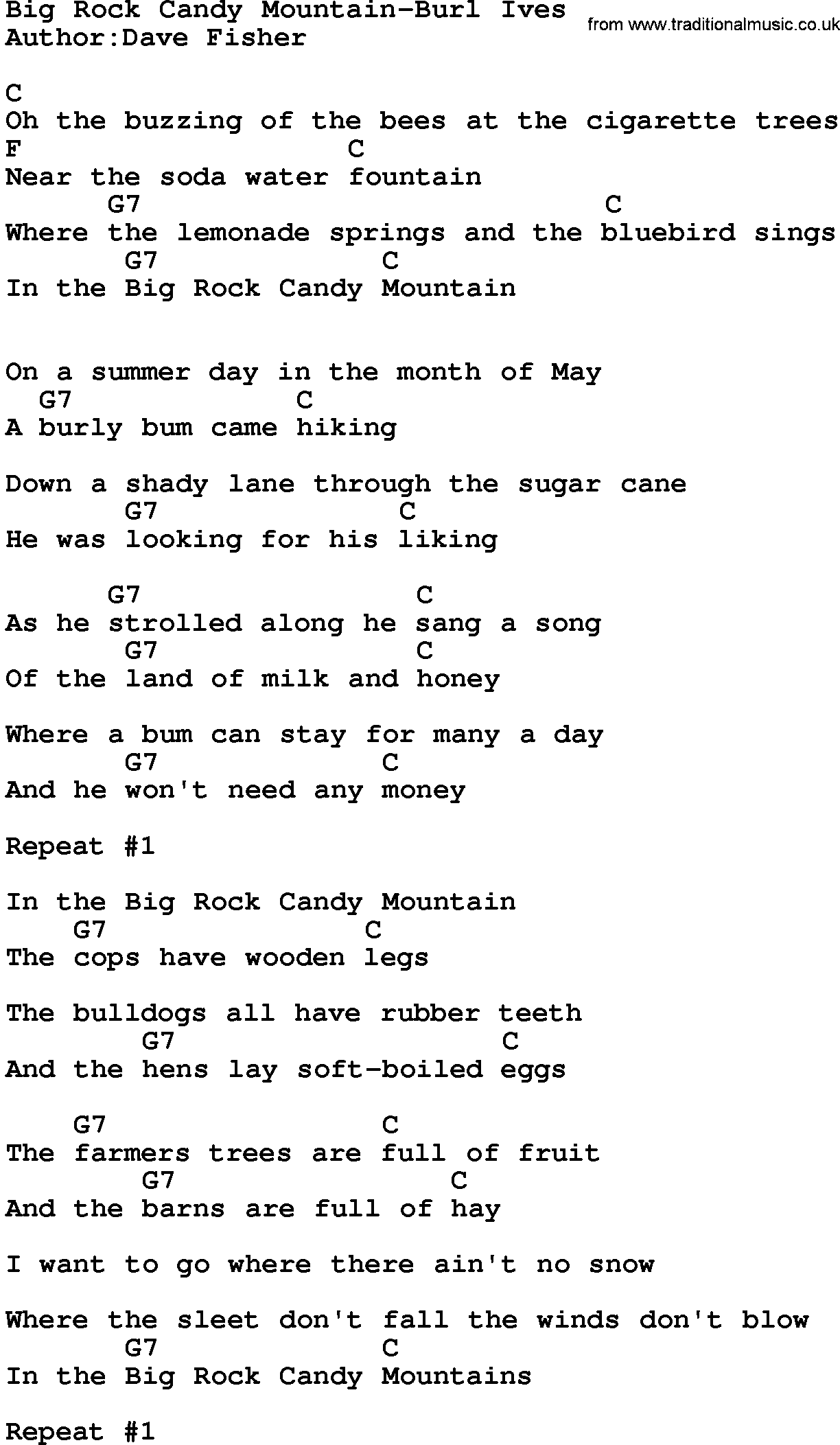 Country music song: Big Rock Candy Mountain-Burl Ives lyrics and chords