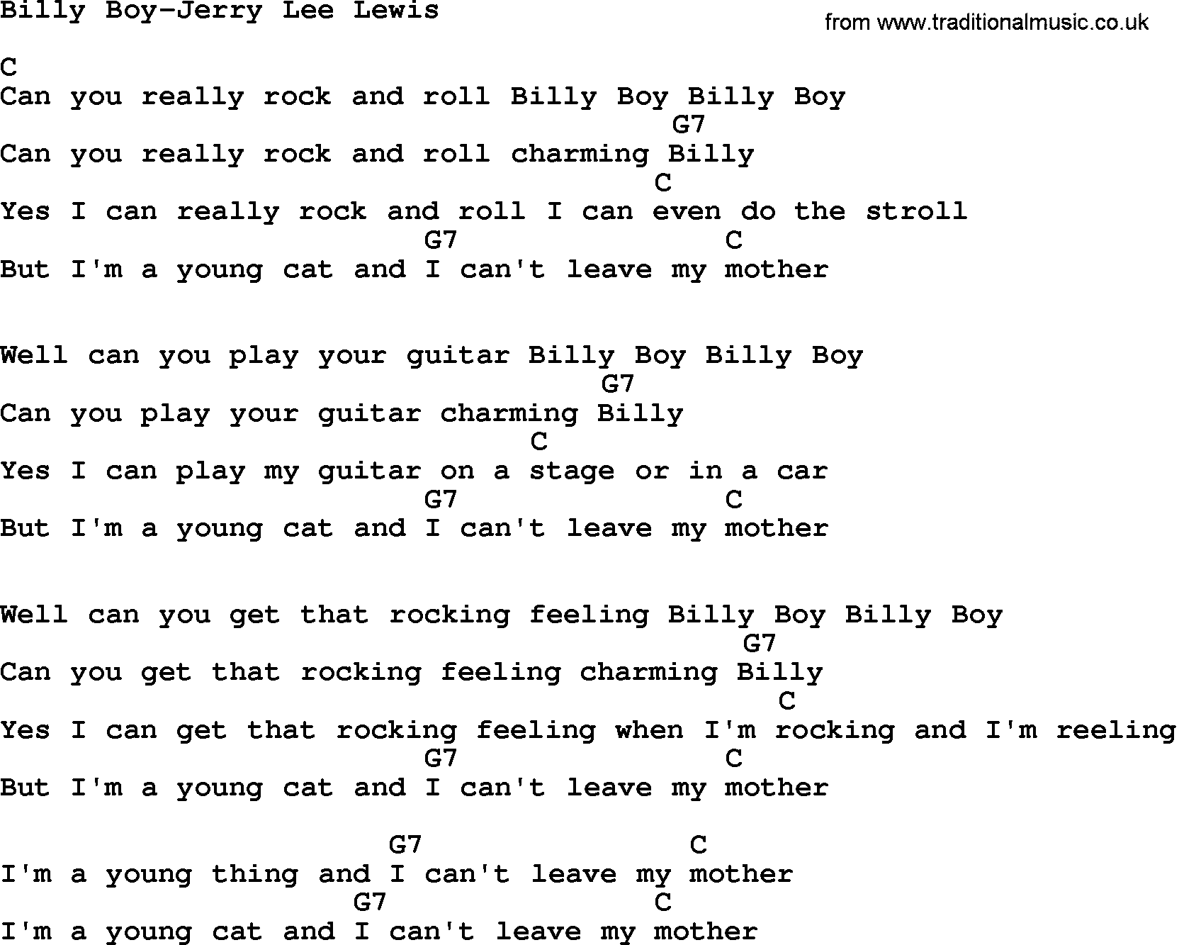 Country music song: Billy Boy-Jerry Lee Lewis lyrics and chords