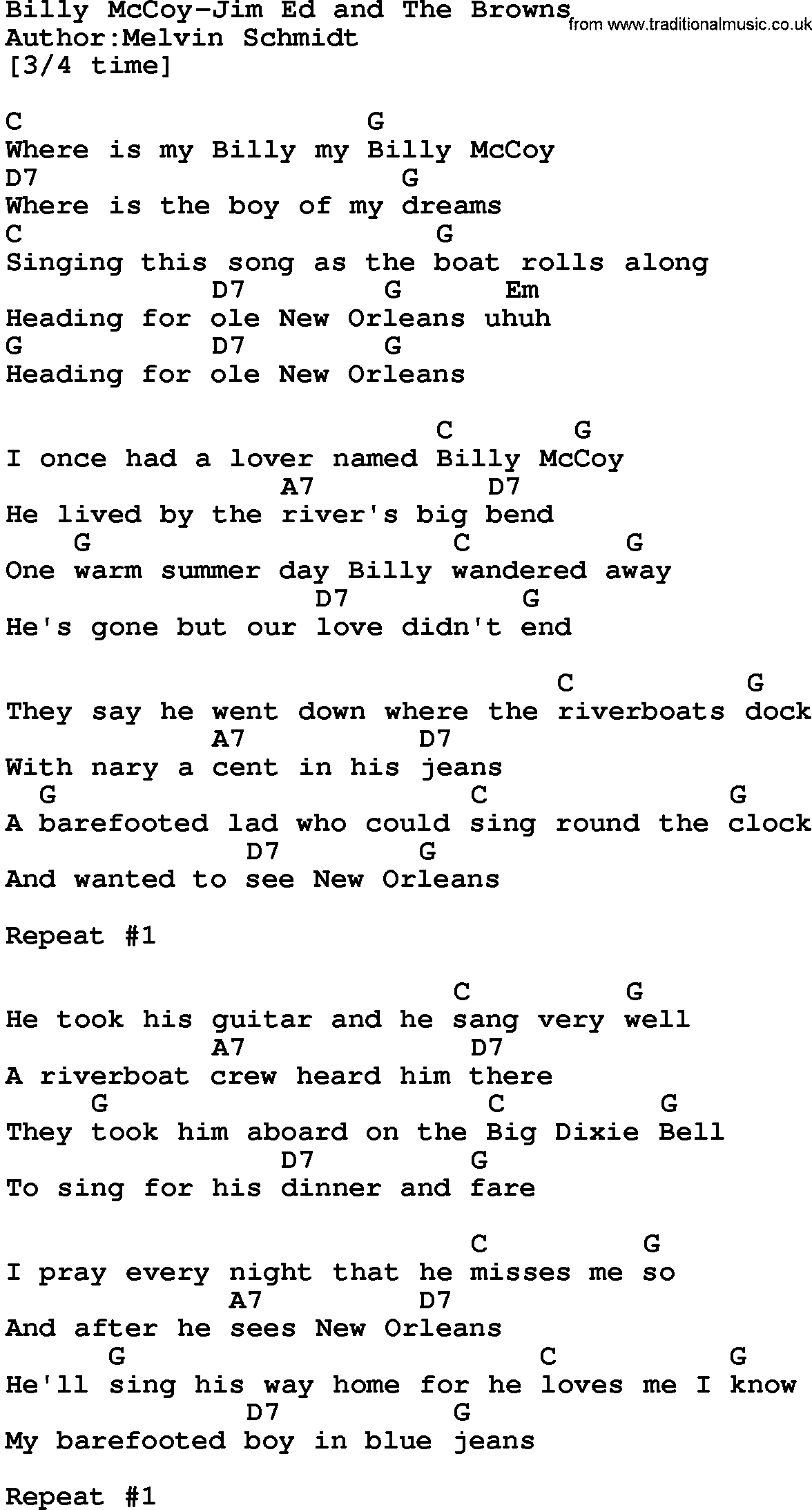 Country music song: Billy Mccoy-Jim Ed And The Browns lyrics and chords