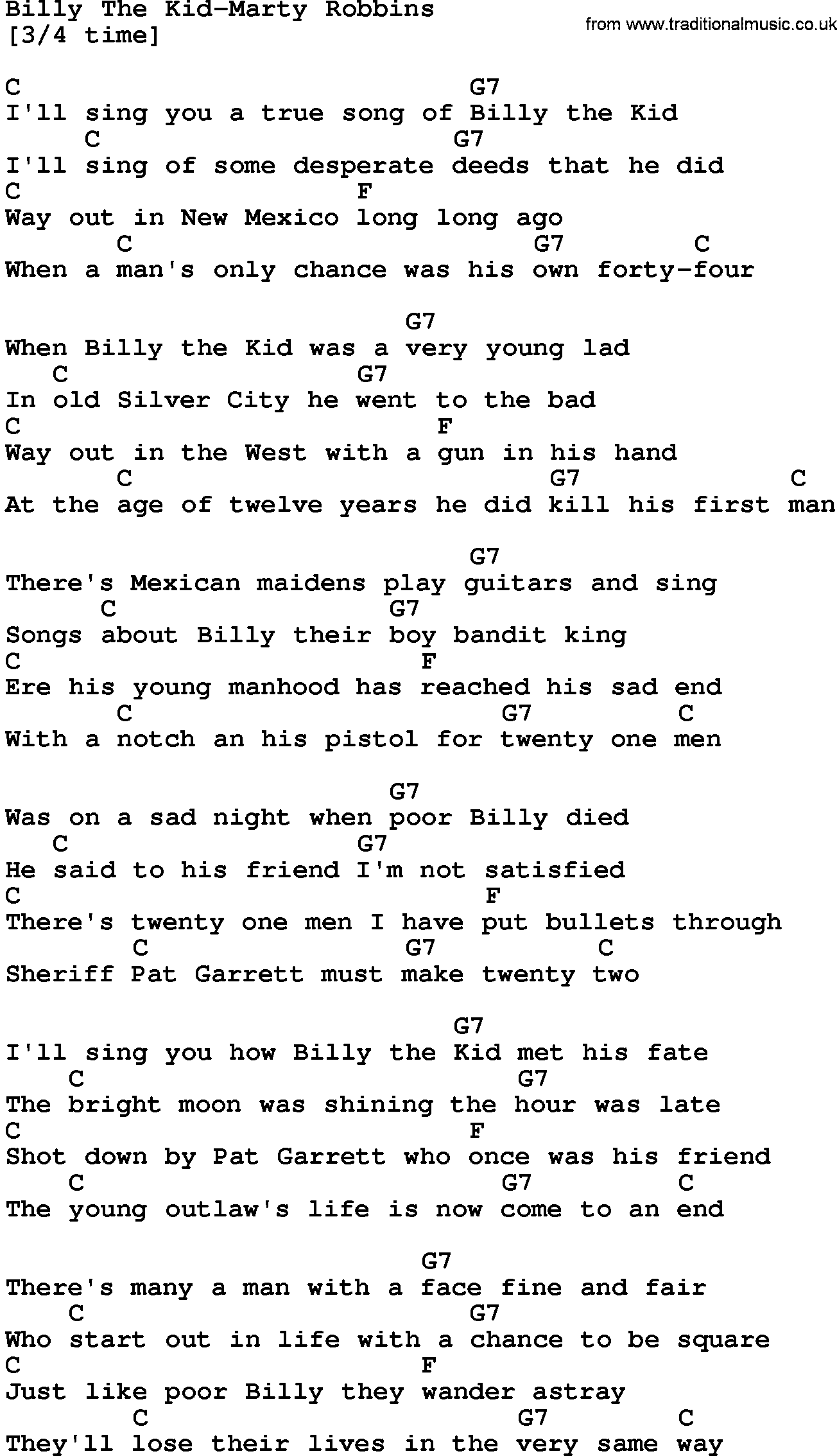 Country music song: Billy The Kid-Marty Robbins lyrics and chords