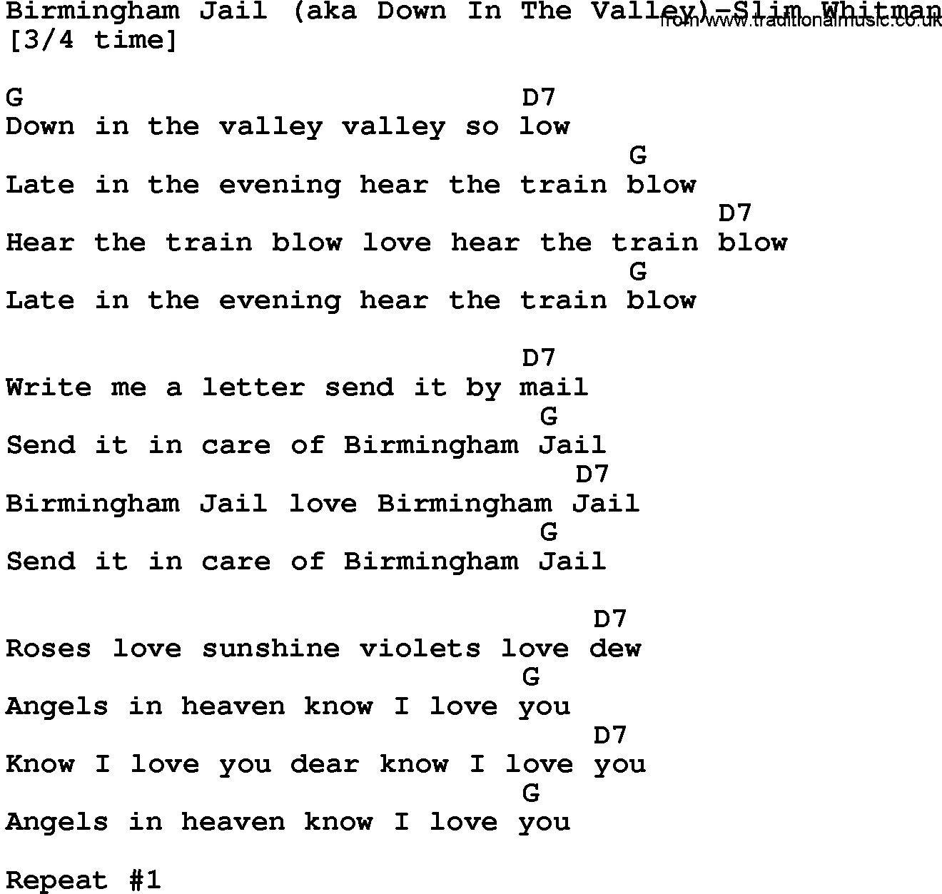 Country music song: Birmingham Jail(Aka Down In The Valley)-Slim Whitman lyrics and chords