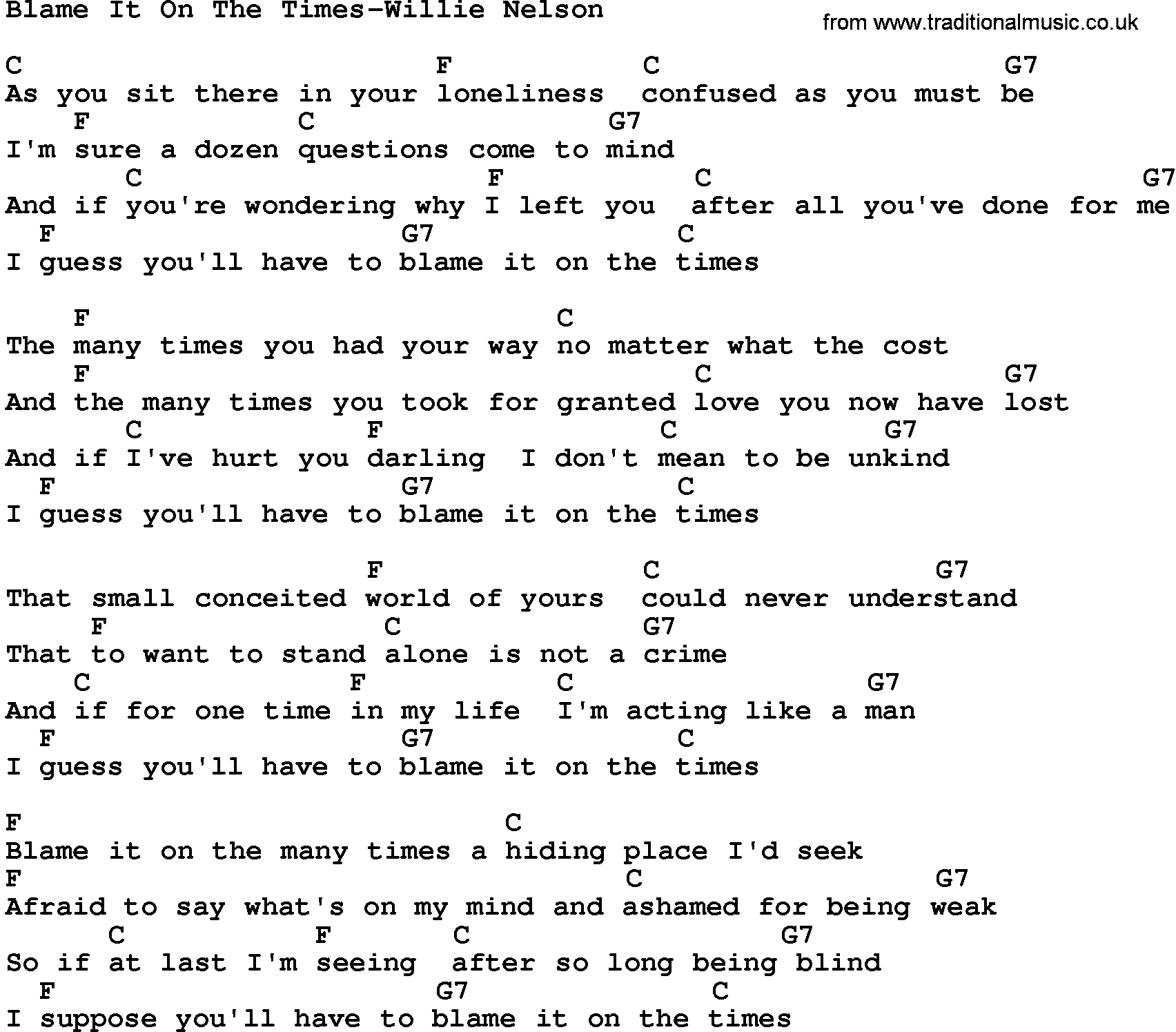 Country music song: Blame It On The Times-Willie Nelson lyrics and chords