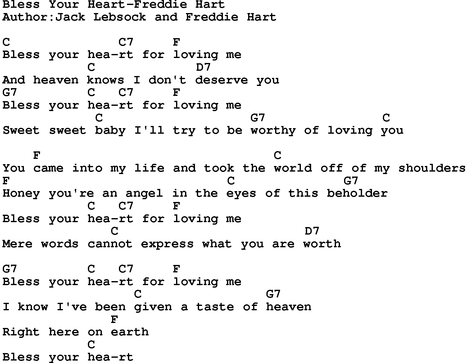 Country music song: Bless Your Heart-Freddie Hart lyrics and chords