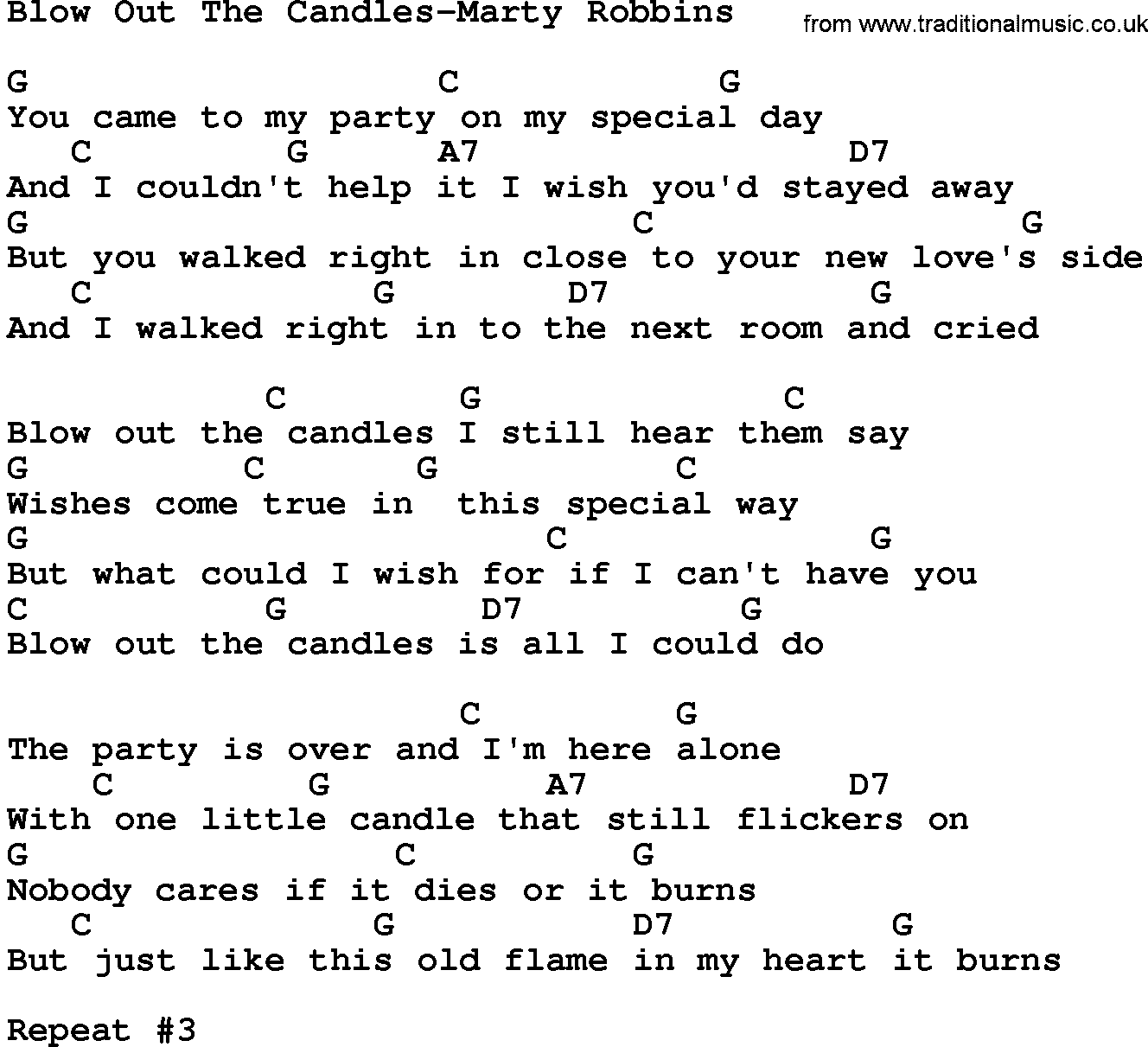 Country music song: Blow Out The Candles-Marty Robbins lyrics and chords