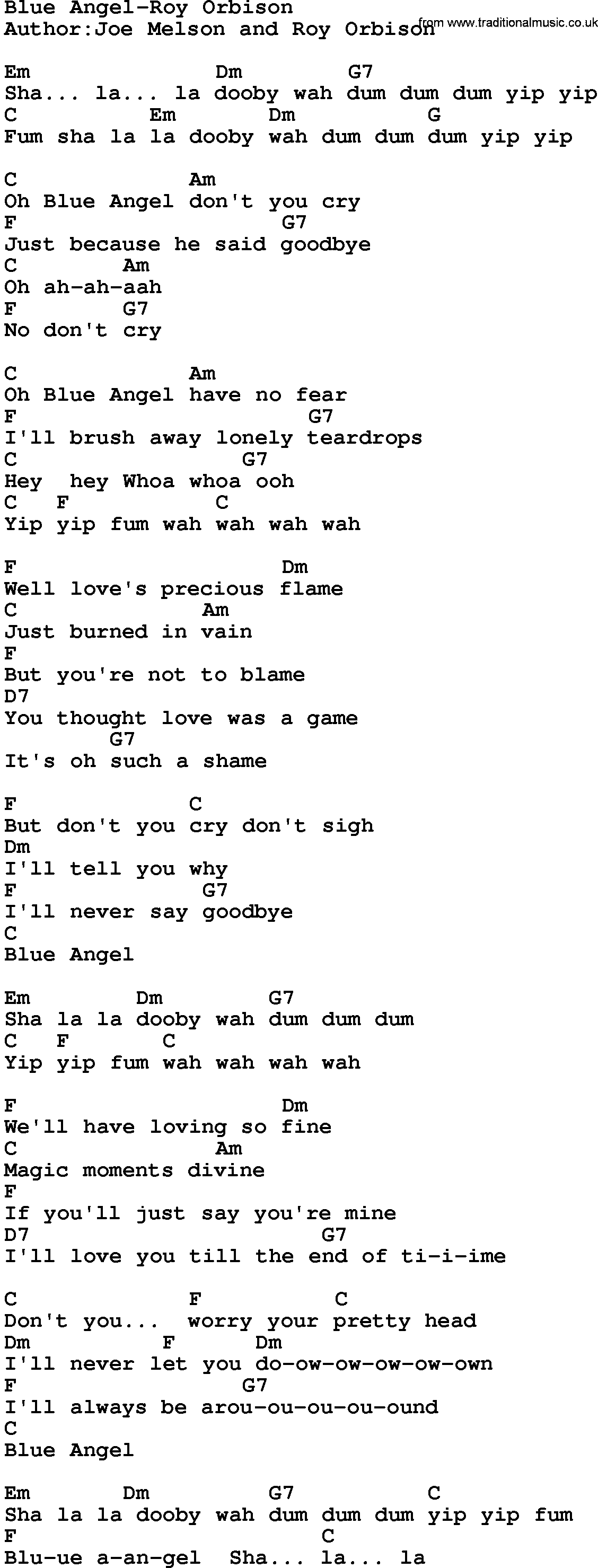 Country music song: Blue Angel-Roy Orbison lyrics and chords