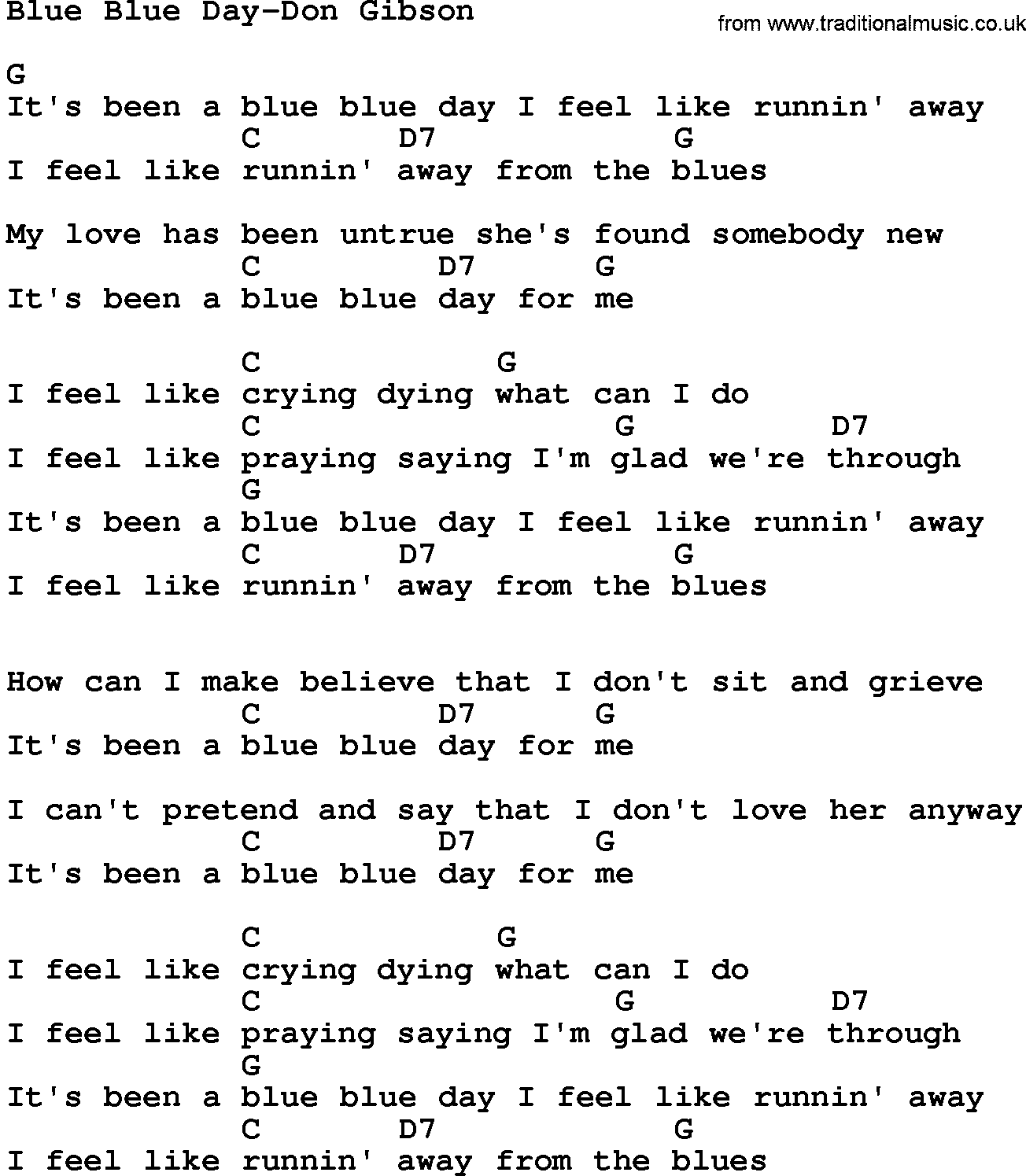 Country music song: Blue Blue Day-Don Gibson lyrics and chords
