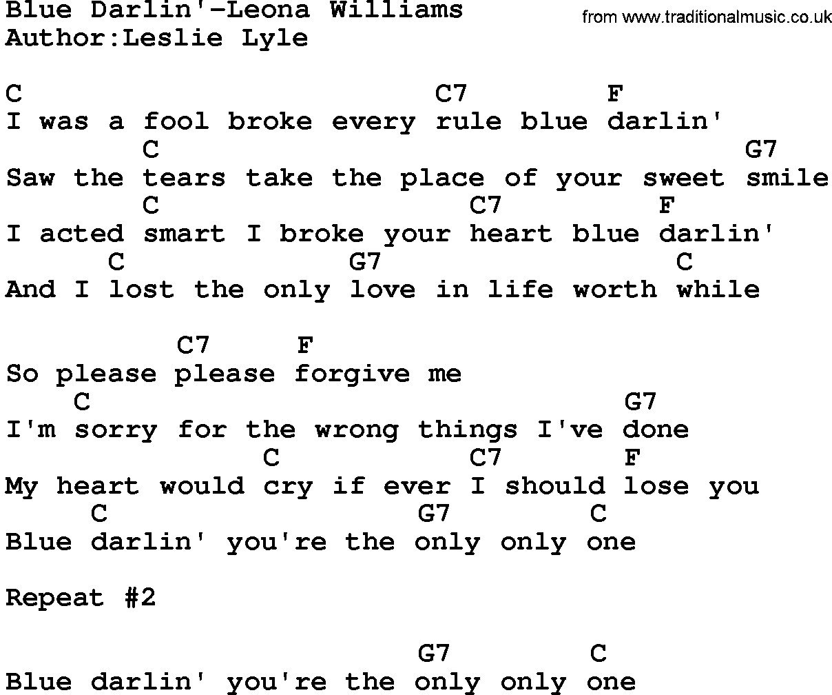 Country music song: Blue Darlin'-Leona Williams lyrics and chords