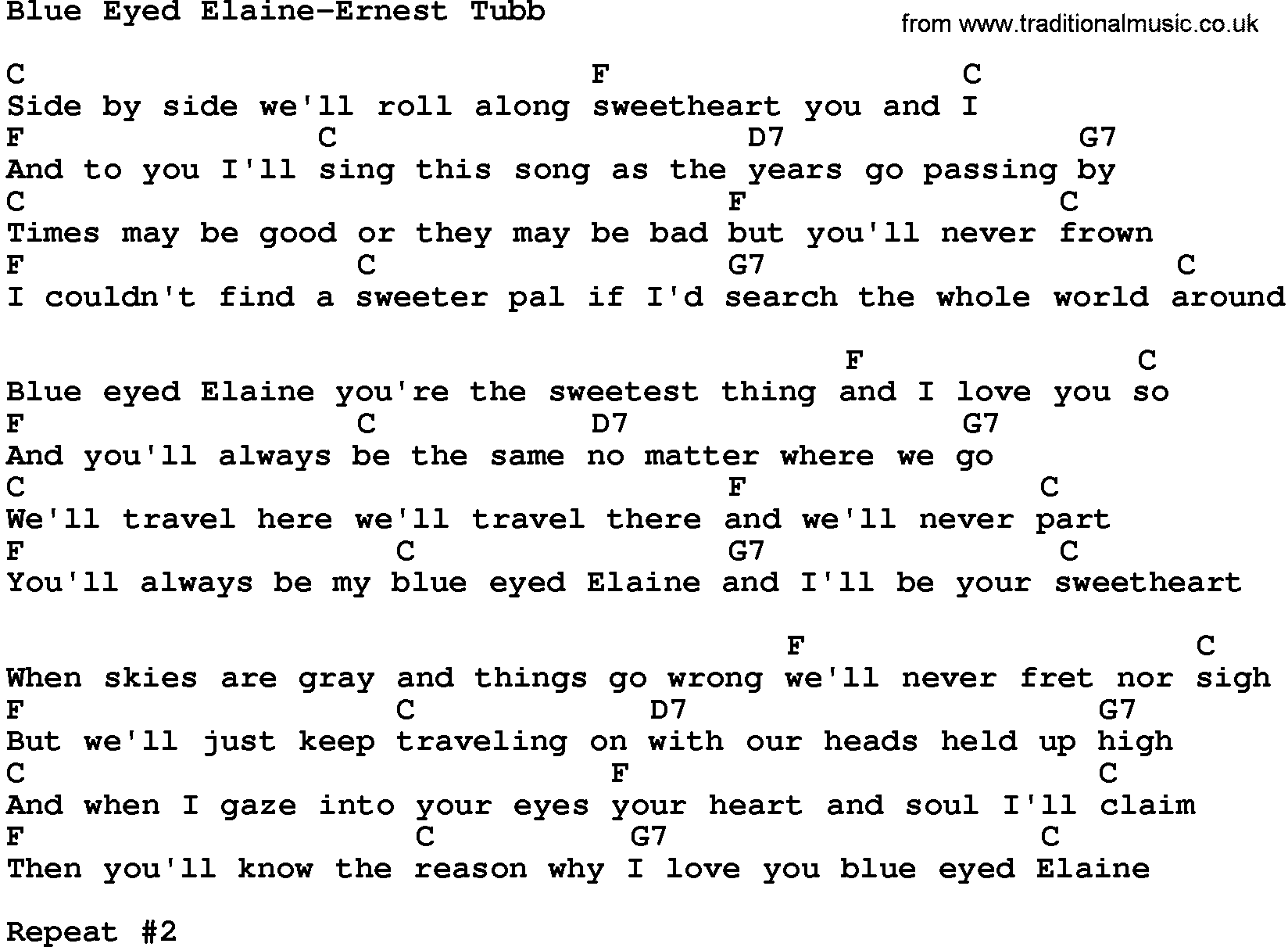 Country music song: Blue Eyed Elaine-Ernest Tubb lyrics and chords