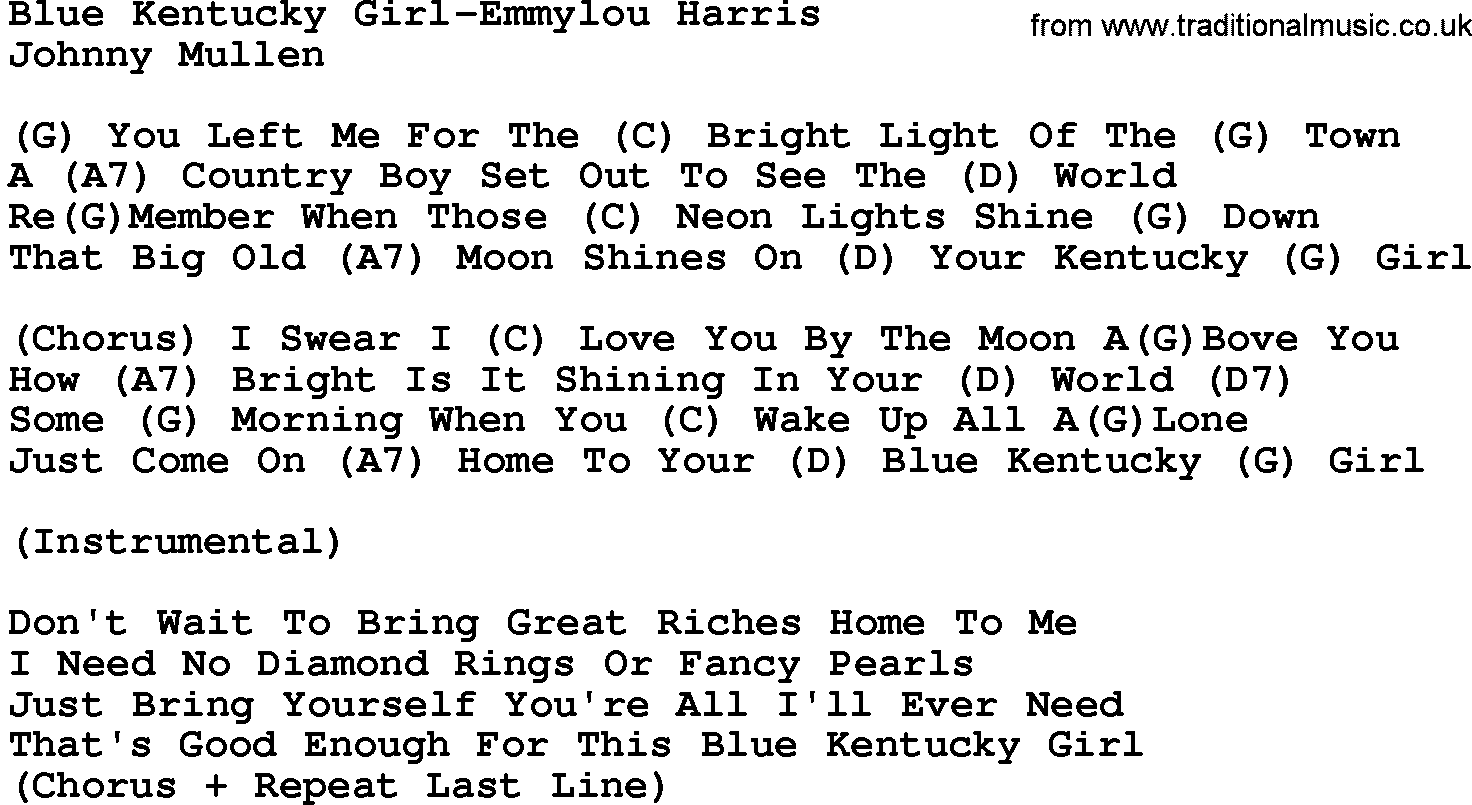 Country music song: Blue Kentucky Girl-Emmylou Harris lyrics and chords