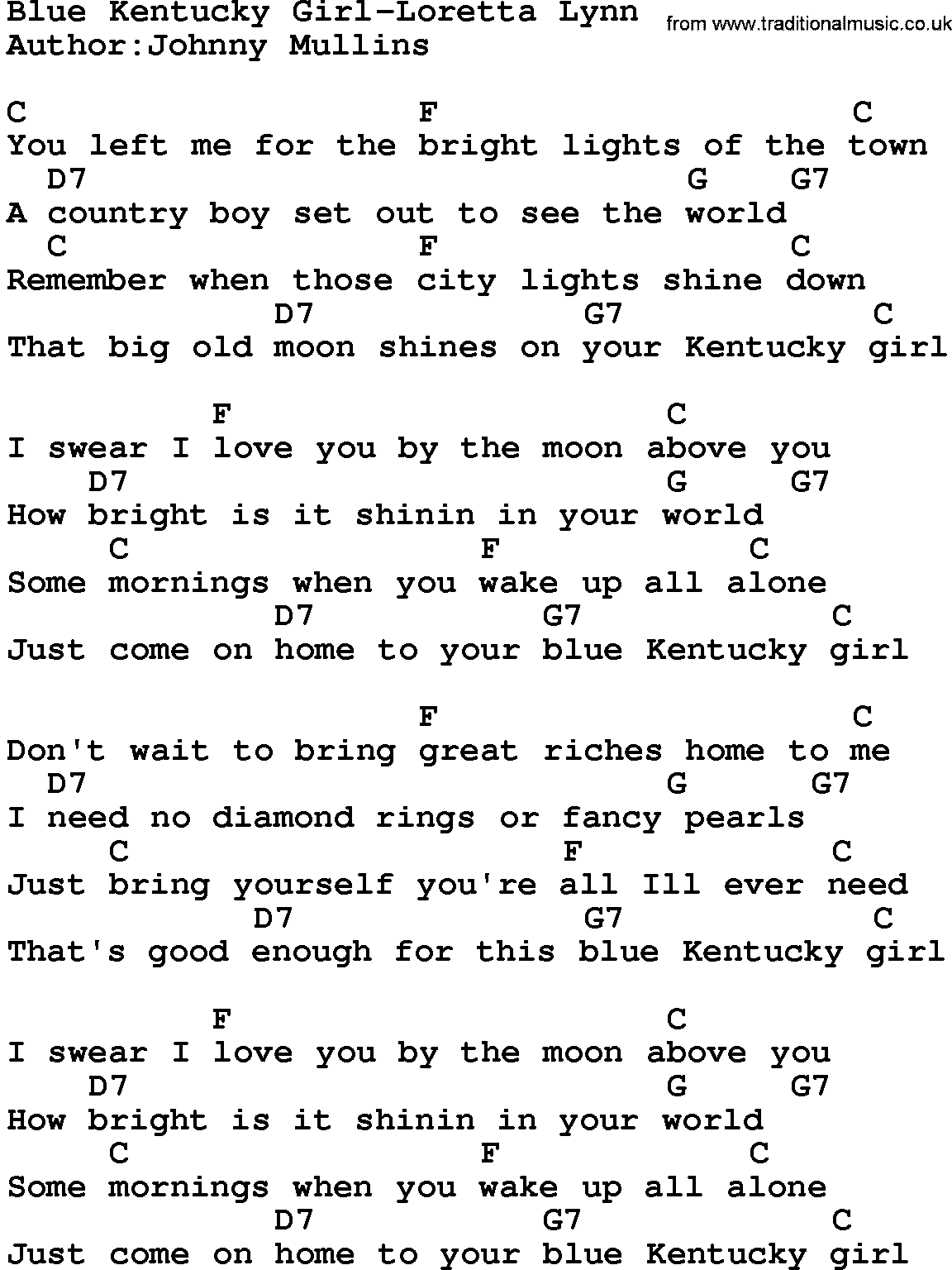 Country music song: Blue Kentucky Girl-Loretta Lynn lyrics and chords