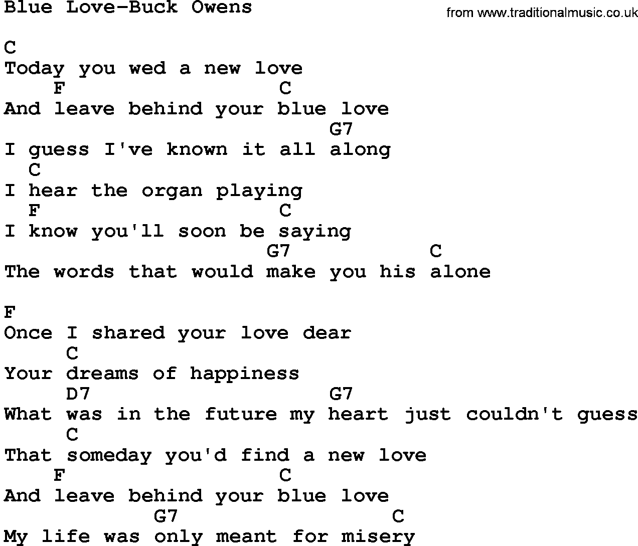 Country music song: Blue Love-Buck Owens lyrics and chords
